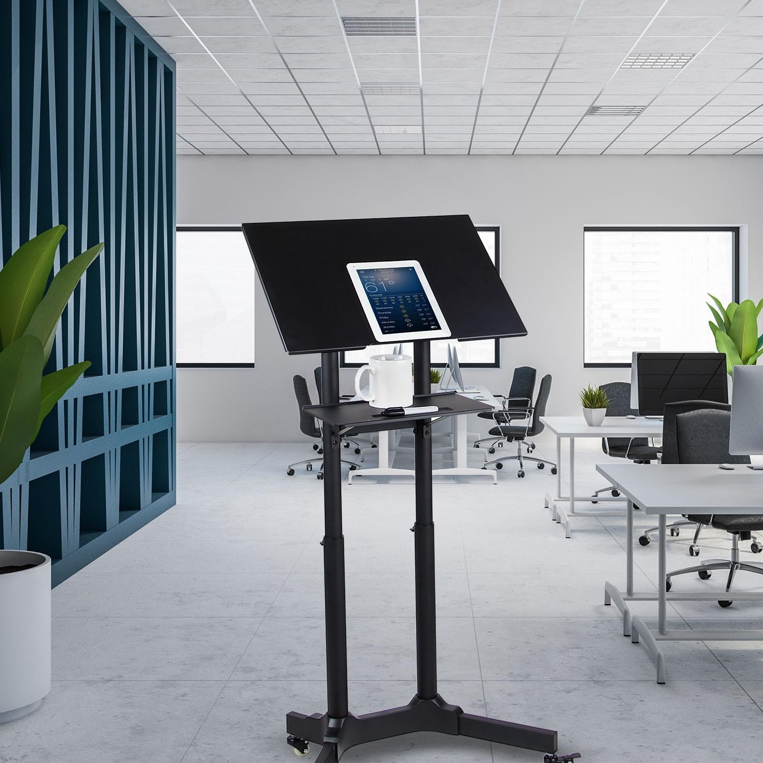 image:imageMountIt Mobile Podium Stand with Wheels Adjustable Height Rolling Lectern Portable Standing Desk with Tilted Shelf and Storage for Office Classroom and Presentations