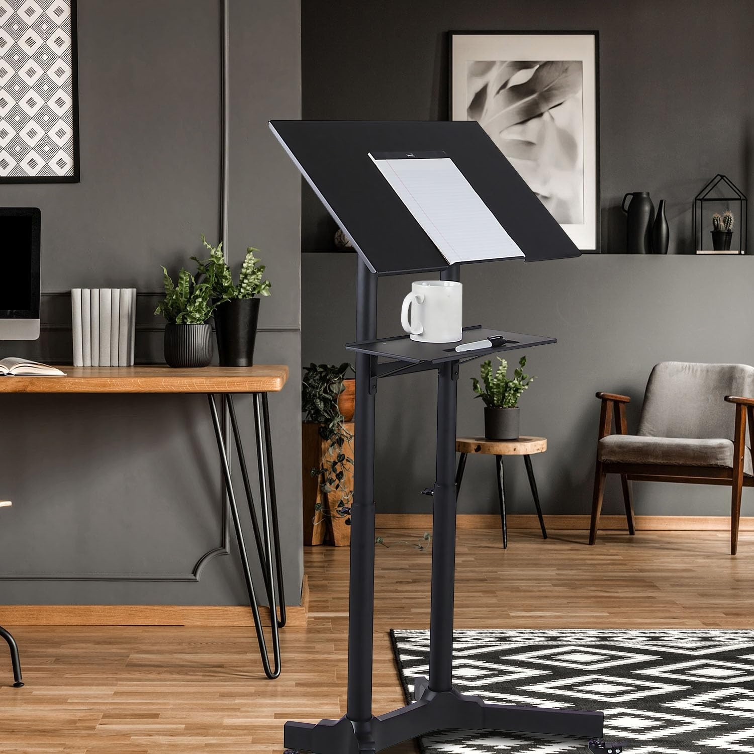 image:imageMountIt Mobile Podium Stand with Wheels Adjustable Height Rolling Lectern Portable Standing Desk with Tilted Shelf and Storage for Office Classroom and Presentations