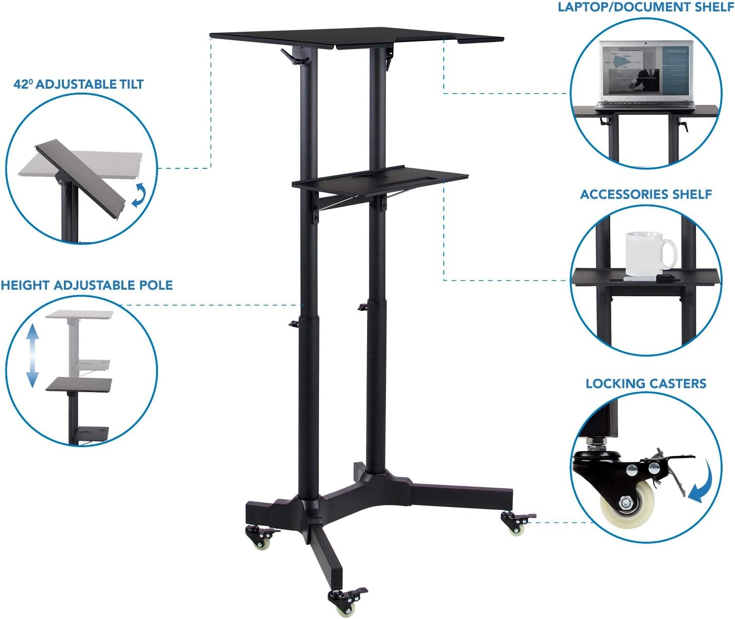 image:imageMountIt Mobile Podium Stand with Wheels Adjustable Height Rolling Lectern Portable Standing Desk with Tilted Shelf and Storage for Office Classroom and Presentations