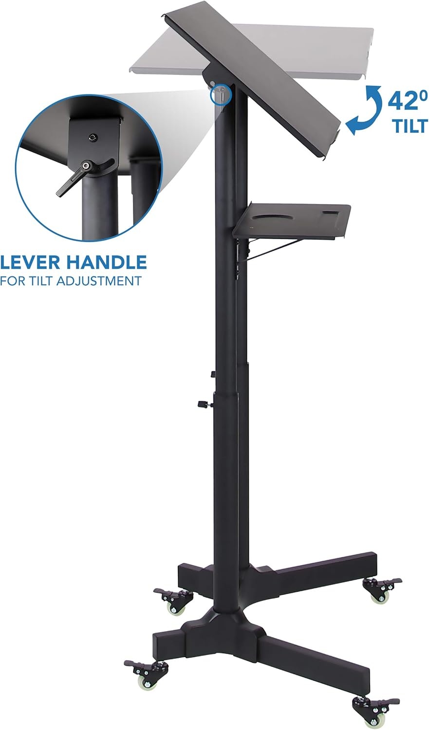 image:imageMountIt Mobile Podium Stand with Wheels Adjustable Height Rolling Lectern Portable Standing Desk with Tilted Shelf and Storage for Office Classroom and Presentations