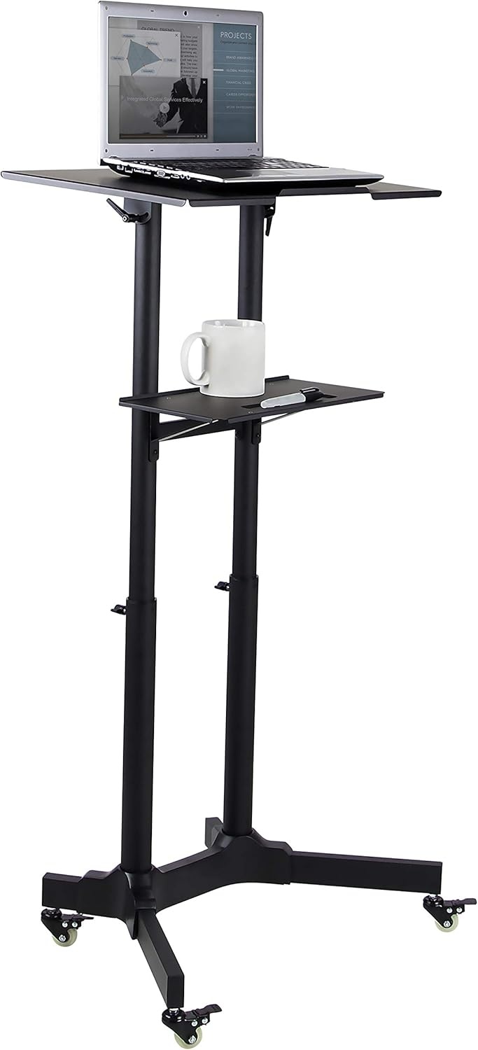 image:imageMountIt Mobile Podium Stand with Wheels Adjustable Height Rolling Lectern Portable Standing Desk with Tilted Shelf and Storage for Office Classroom and Presentations