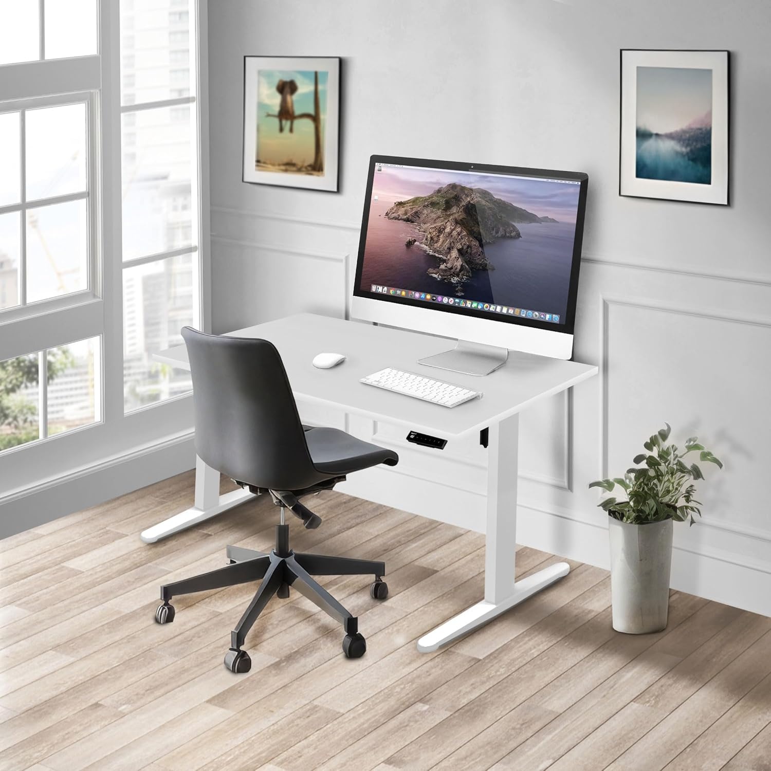 image:imageMountIt Motorized Sit Stand Adjustable Height Desk Frame with 48 Tabletop Ergonomic Single Motor Adjustable Standing Height Table Desktop Rising Up to 472 Memory Control White Black Leg DeskWhite