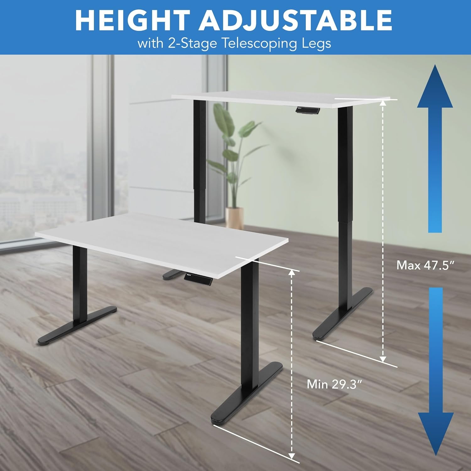 image:imageMountIt Motorized Sit Stand Adjustable Height Desk Frame with 48 Tabletop Ergonomic Single Motor Adjustable Standing Height Table Desktop Rising Up to 472 Memory Control White Black Leg DeskBlack