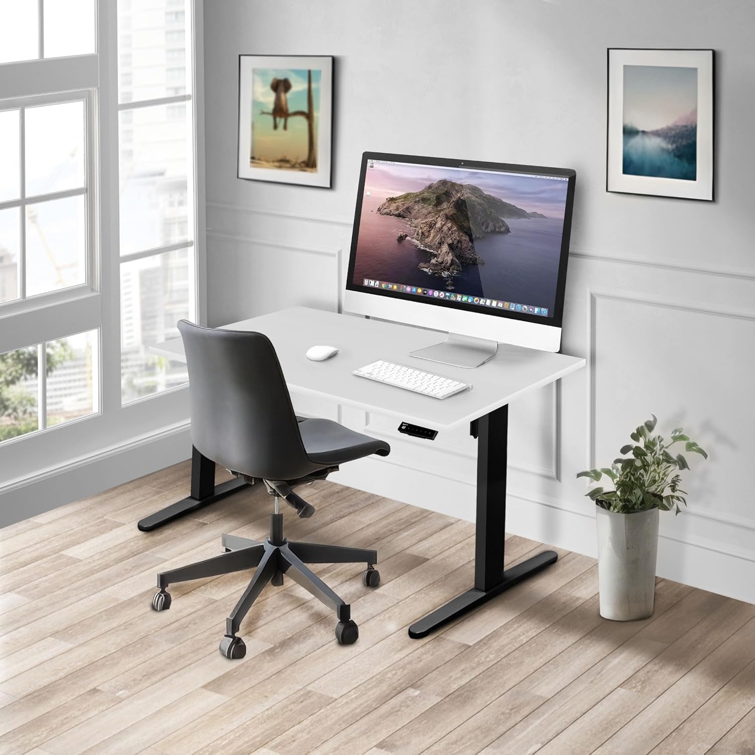 image:imageMountIt Motorized Sit Stand Adjustable Height Desk Frame with 48 Tabletop Ergonomic Single Motor Adjustable Standing Height Table Desktop Rising Up to 472 Memory Control White Black Leg DeskBlack