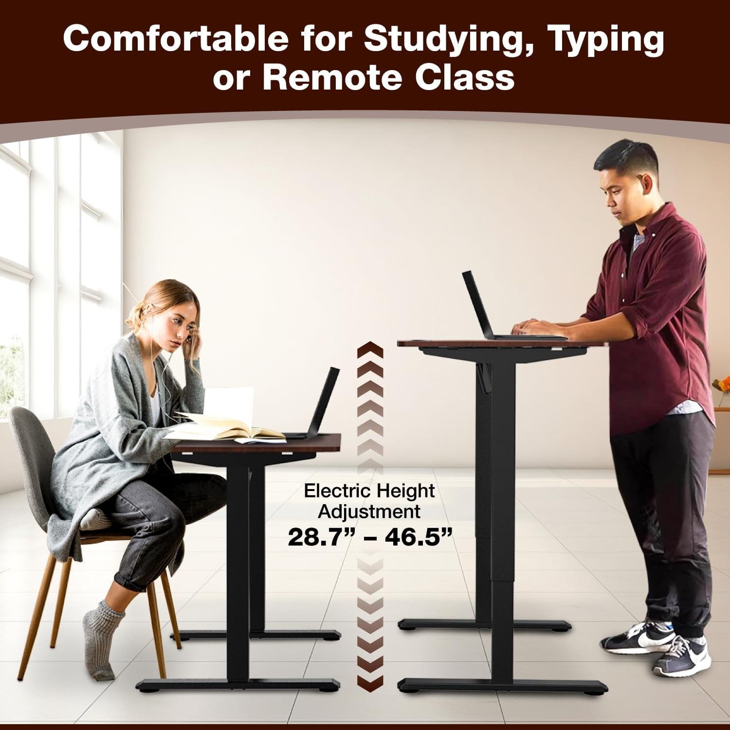 image:imageMountIt Motorized Standing Desk 40x24 Height Adjustable Sit to Stand Desk for Home Office Compact Ergonomic Workstation with Memory Presets Black Frame with Hazelnut Woodgrain TopHazelnut
