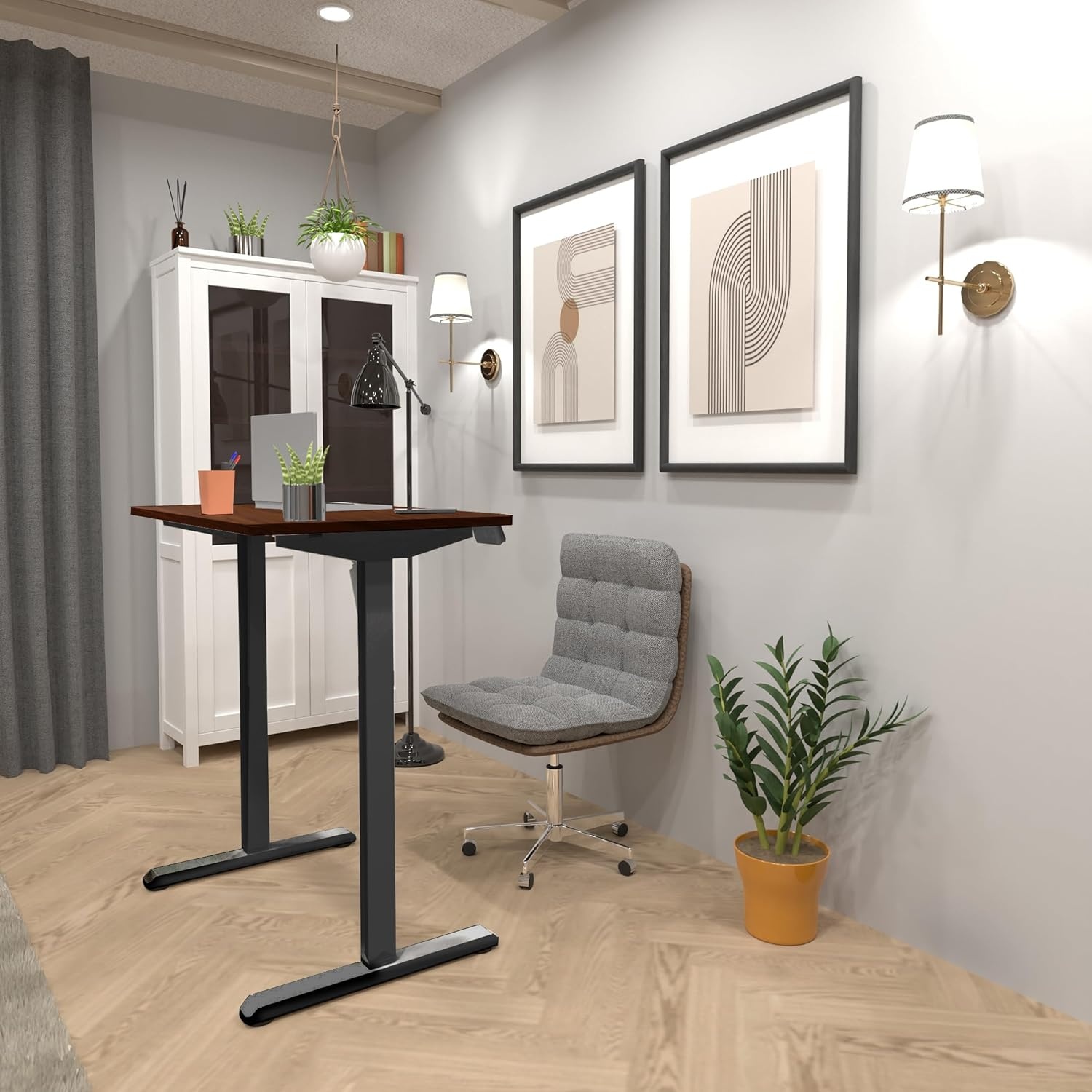 image:imageMountIt Motorized Standing Desk 40x24 Height Adjustable Sit to Stand Desk for Home Office Compact Ergonomic Workstation with Memory Presets Black Frame with Hazelnut Woodgrain TopHazelnut