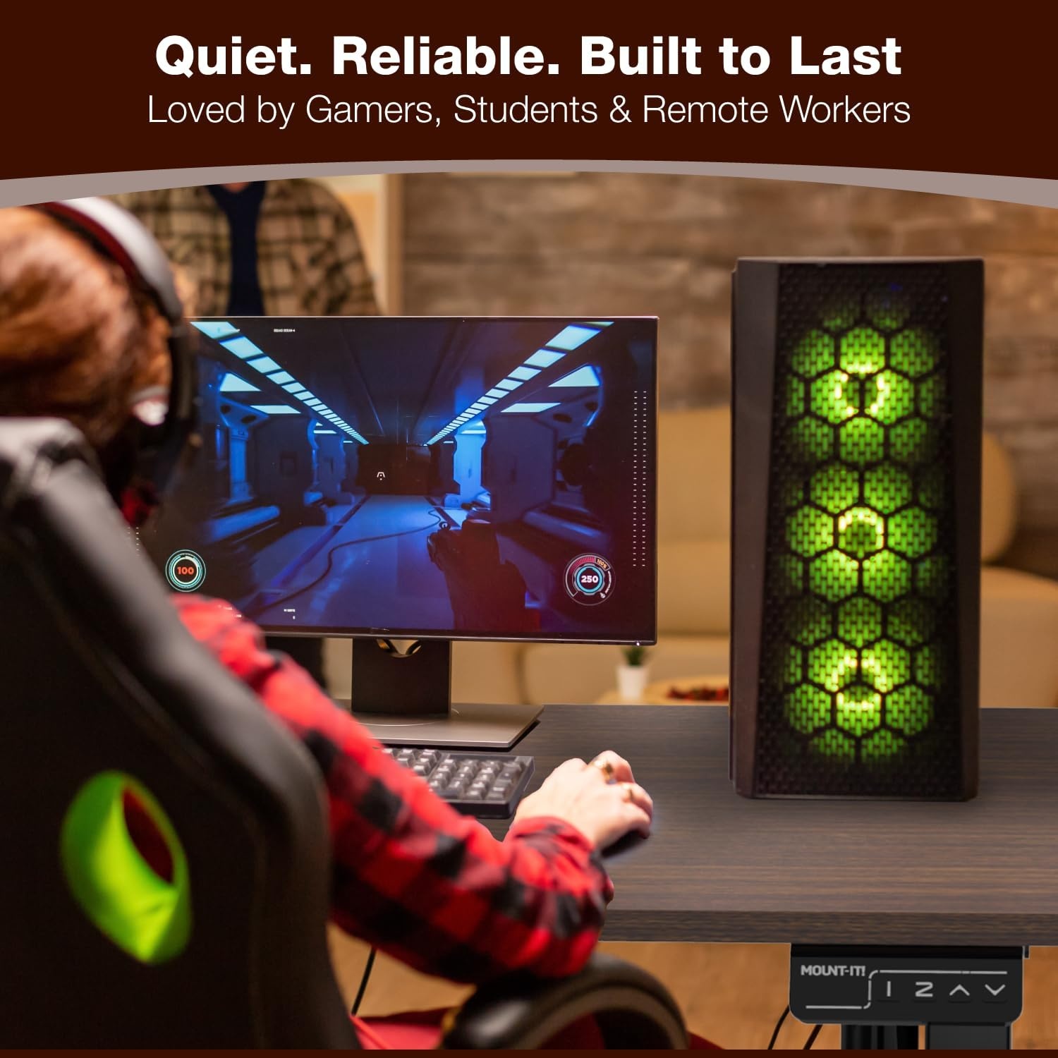 image:imageMountIt Motorized Standing Desk 40x24 Height Adjustable Sit to Stand Desk for Home Office Compact Ergonomic Workstation with Memory Presets Black Frame with Hazelnut Woodgrain TopHazelnut