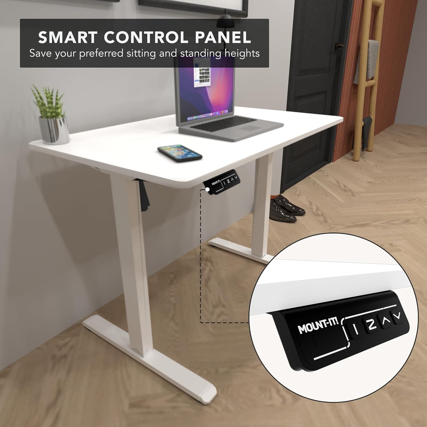 image:imageMountIt Motorized Standing Desk 40x24 Height Adjustable Sit to Stand Desk for Home Office Compact Ergonomic Workstation with Memory Presets Black Frame with Hazelnut Woodgrain TopWhite