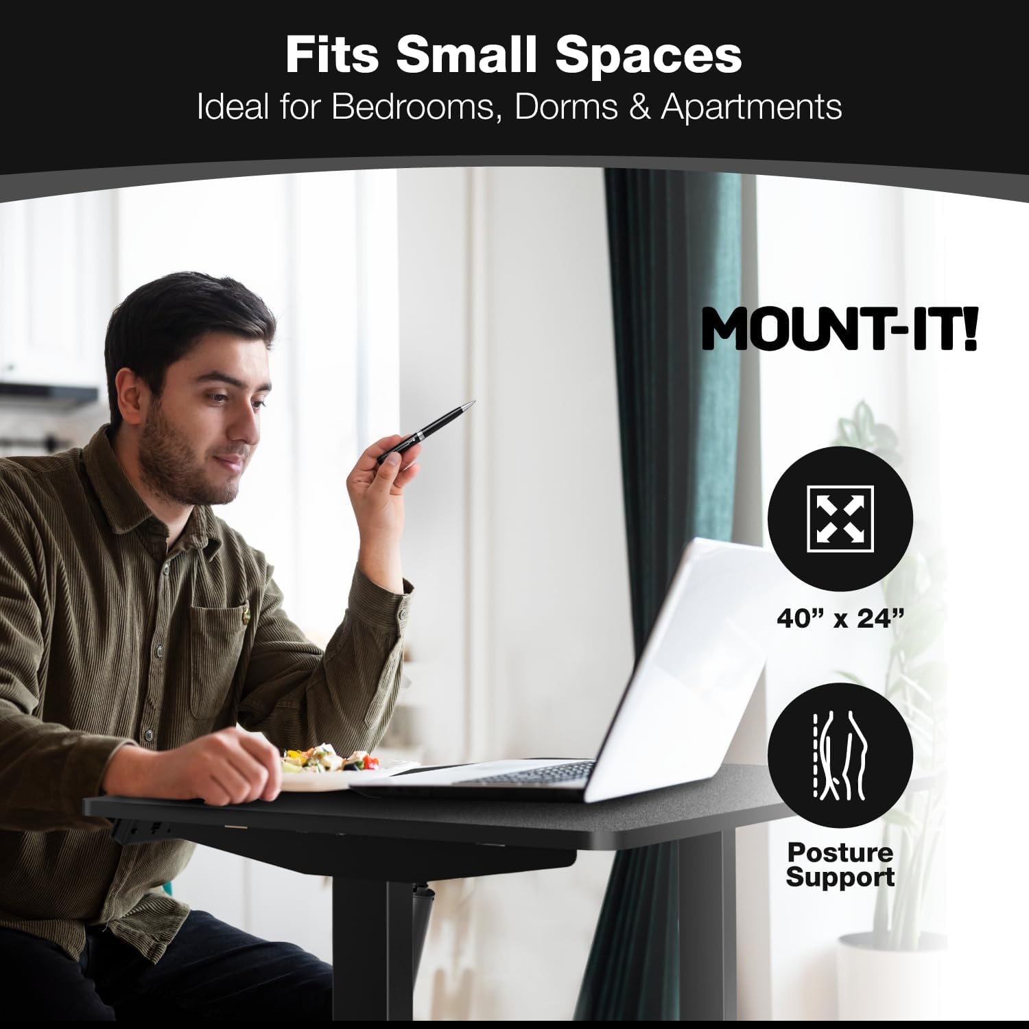 image:imageMountIt Motorized Standing Desk 40x24 Height Adjustable Sit to Stand Desk for Home Office Compact Ergonomic Workstation with Memory Presets Black Frame with Hazelnut Woodgrain TopBlack