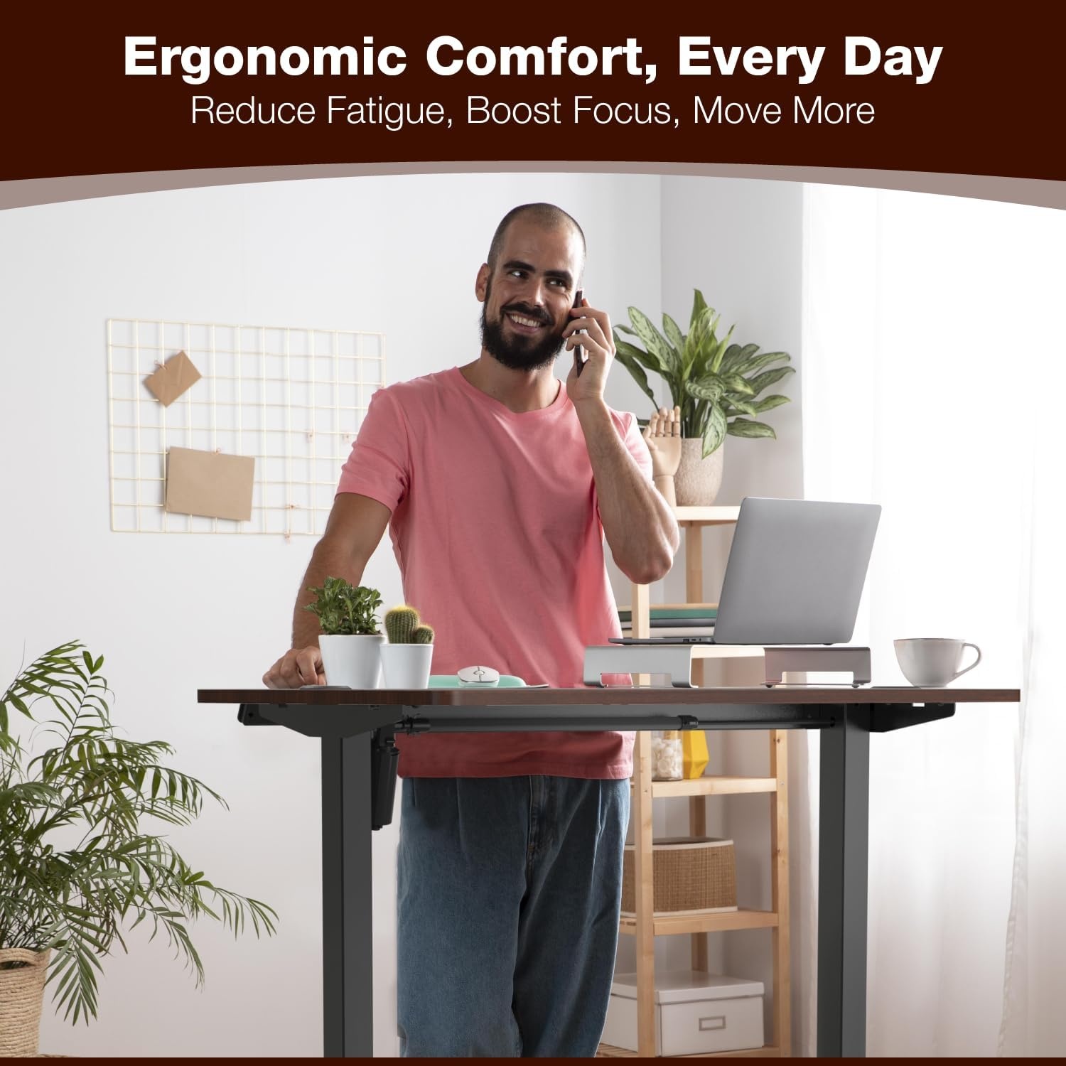 image:imageMountIt Motorized Standing Desk 40x24 Height Adjustable Sit to Stand Desk for Home Office Compact Ergonomic Workstation with Memory Presets Black Frame with Hazelnut Woodgrain TopHazelnut