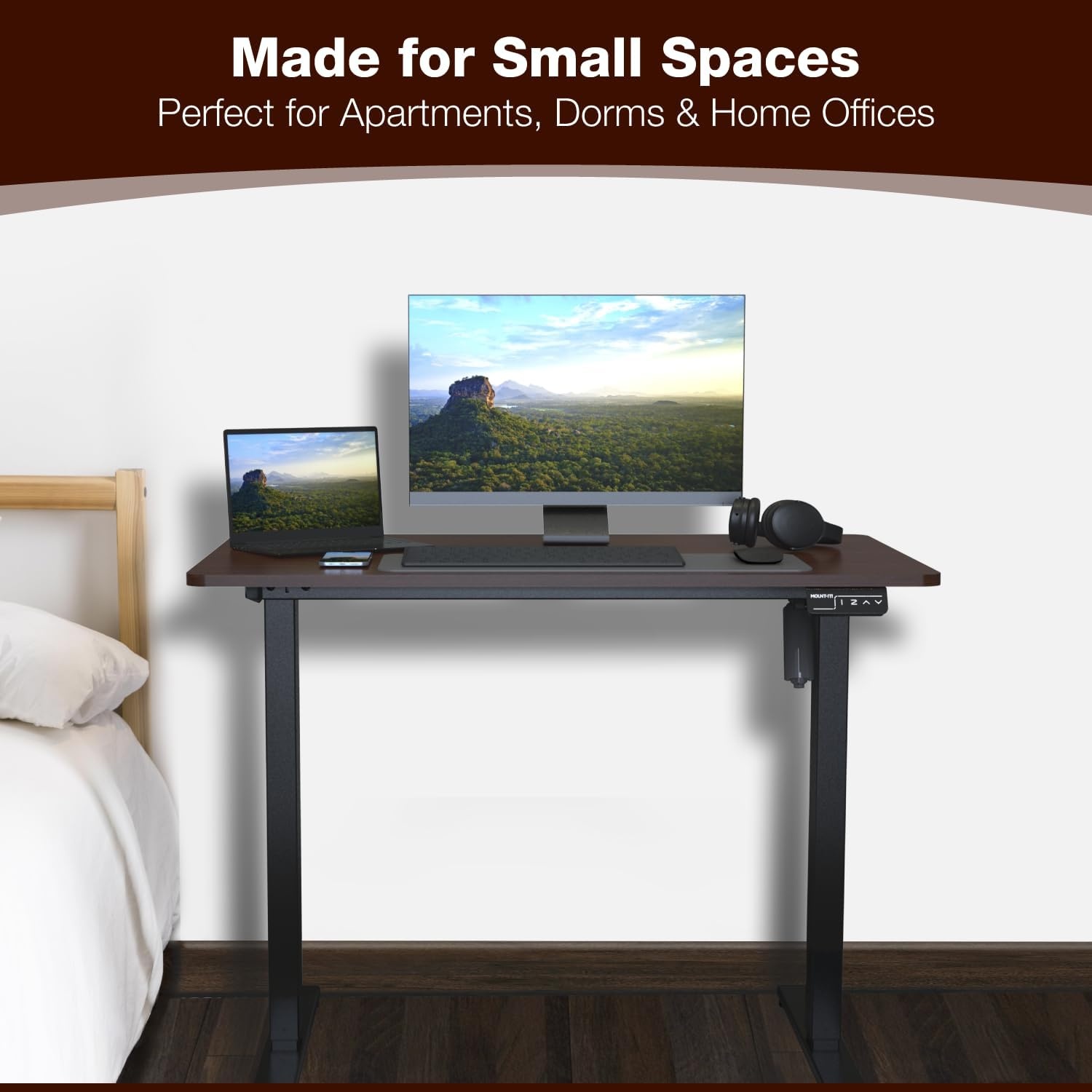 image:imageMountIt Motorized Standing Desk 40x24 Height Adjustable Sit to Stand Desk for Home Office Compact Ergonomic Workstation with Memory Presets Black Frame with Hazelnut Woodgrain TopHazelnut