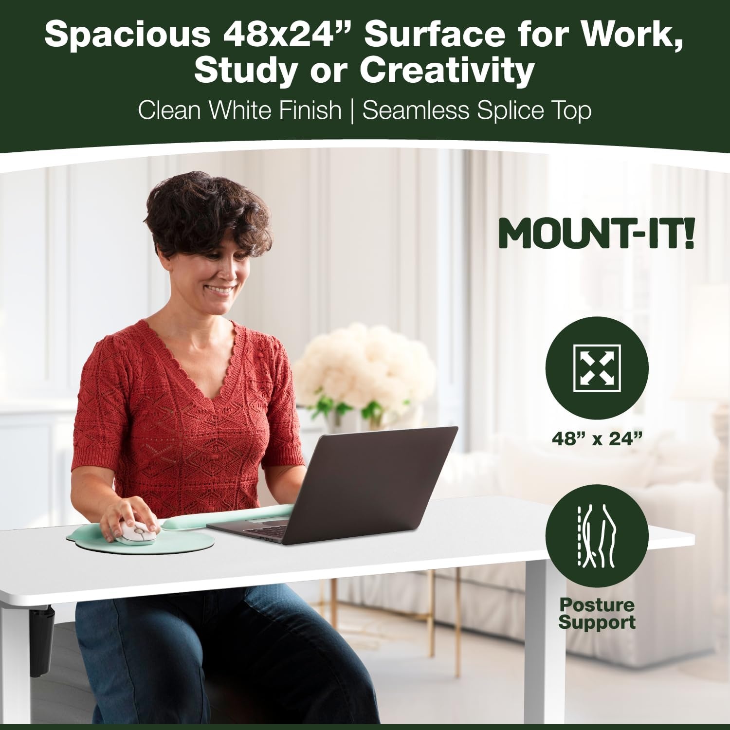 image:imageMountIt Motorized Standing Desk 40x24 Height Adjustable Sit to Stand Desk for Home Office Compact Ergonomic Workstation with Memory Presets Black Frame with Hazelnut Woodgrain TopWhite