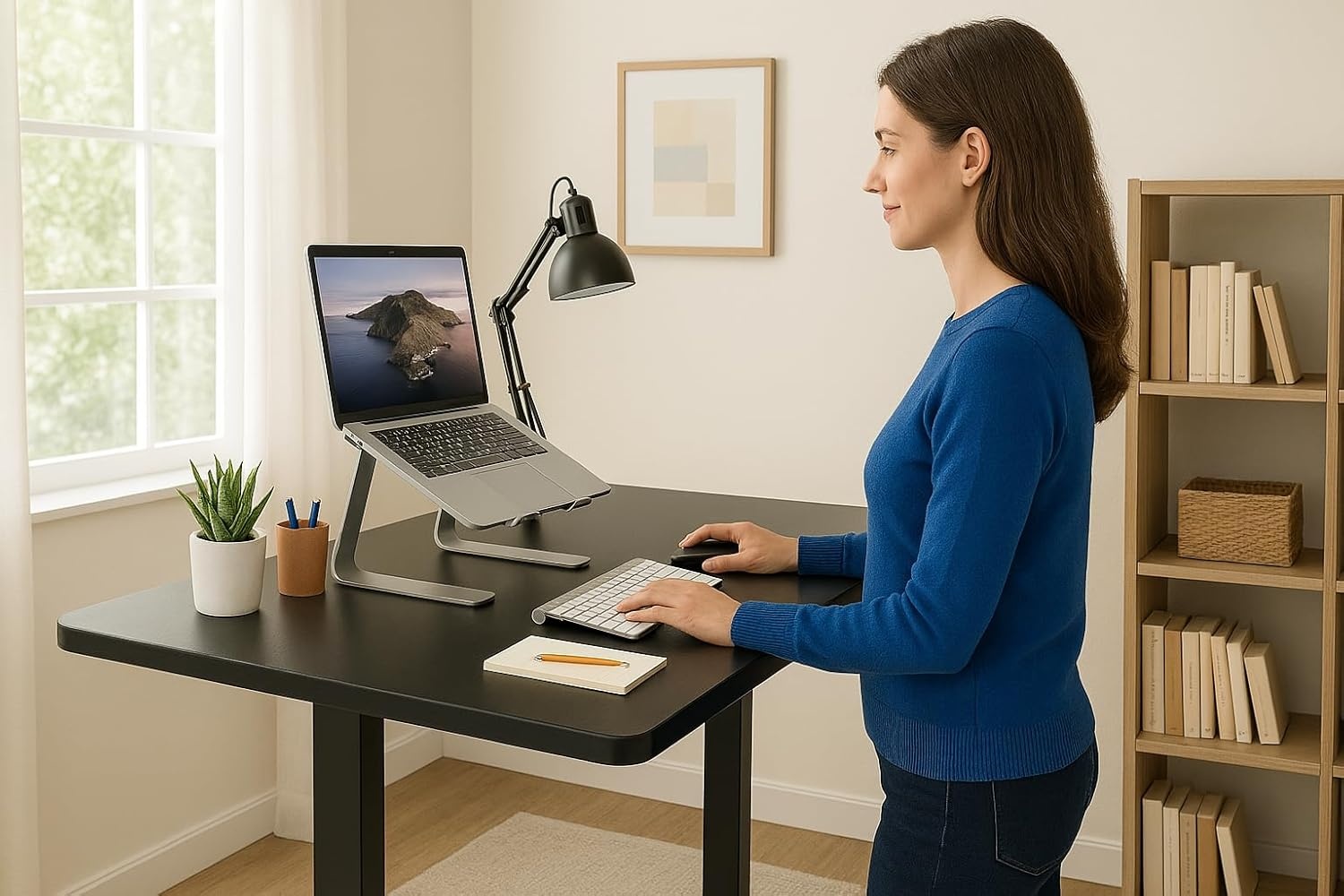 image:imageMountIt Motorized Standing Desk 40x24 Height Adjustable Sit to Stand Desk for Home Office Compact Ergonomic Workstation with Memory Presets Black Frame with Hazelnut Woodgrain TopBlack