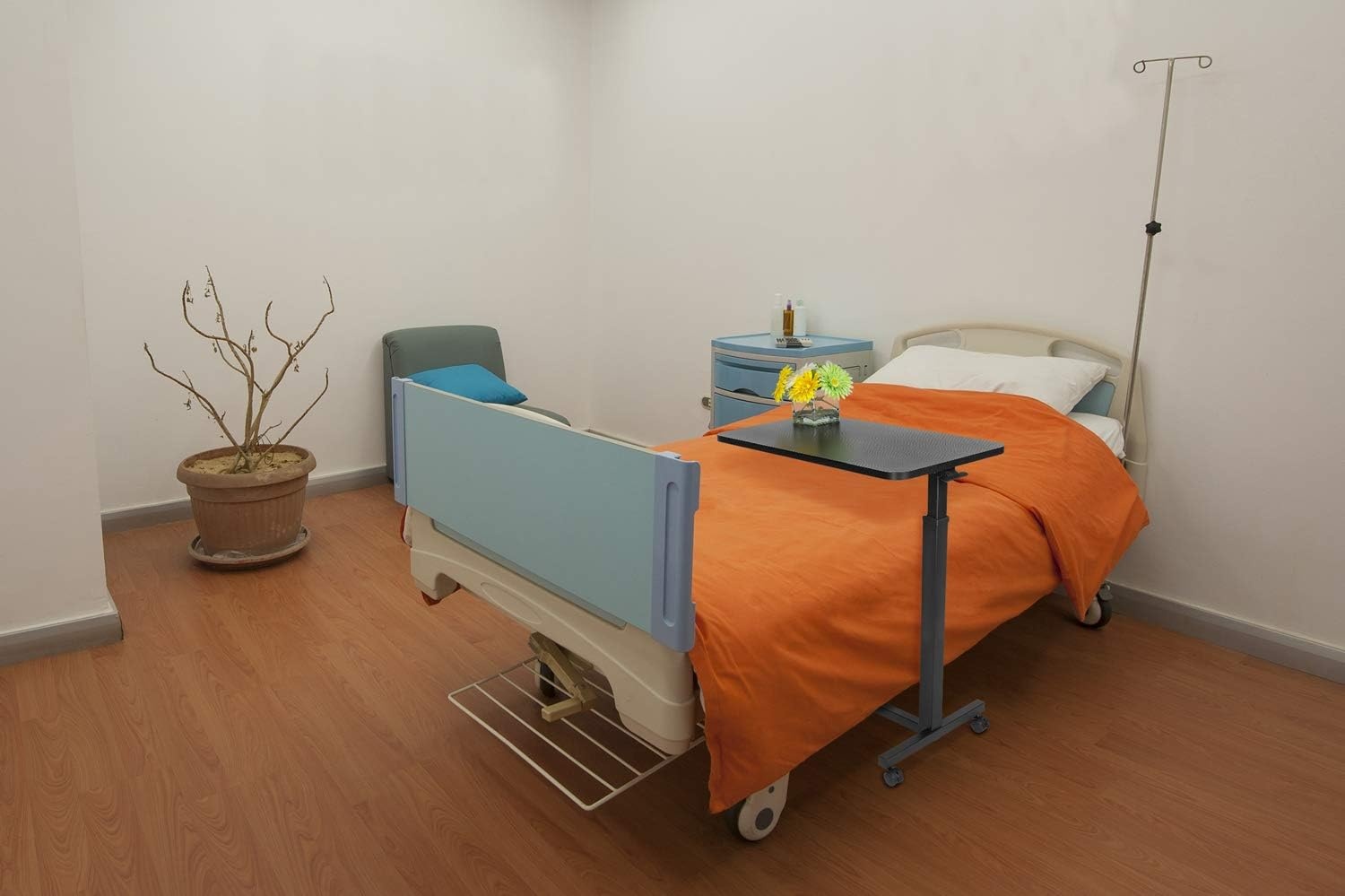 image:imageMountIt Overbed Table with Wheels Flat Rolling Bed Side Tray Table for Medical or inHome Use Height Adjustable Hospital Table with Locking Casters