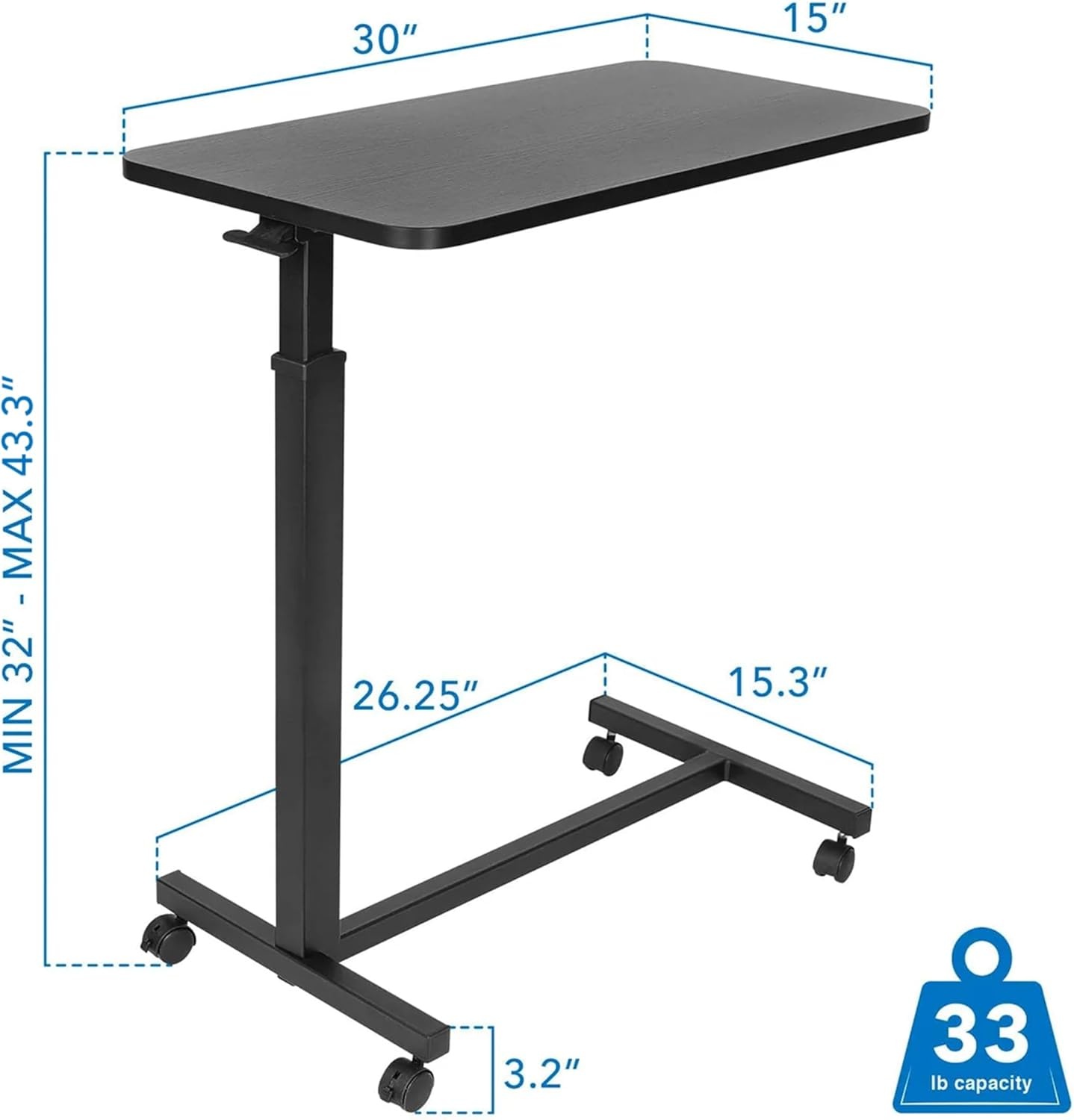 image:imageMountIt Overbed Table with Wheels Flat Rolling Bed Side Tray Table for Medical or inHome Use Height Adjustable Hospital Table with Locking Casters