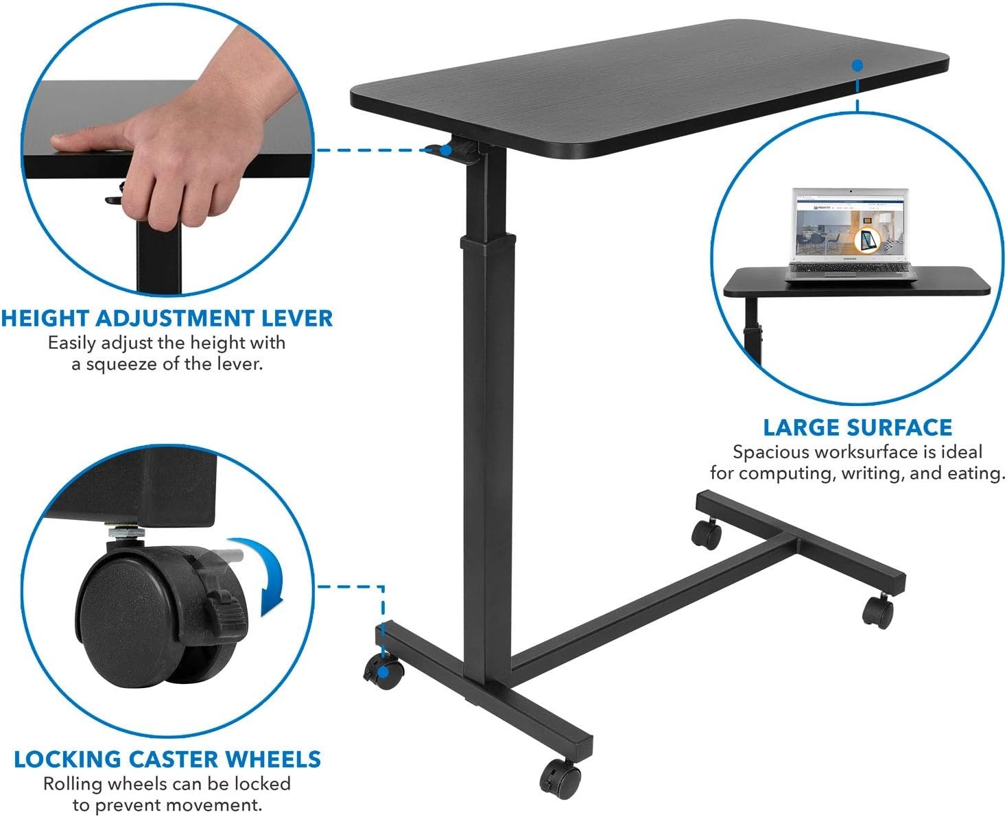 image:imageMountIt Overbed Table with Wheels Flat Rolling Bed Side Tray Table for Medical or inHome Use Height Adjustable Hospital Table with Locking Casters
