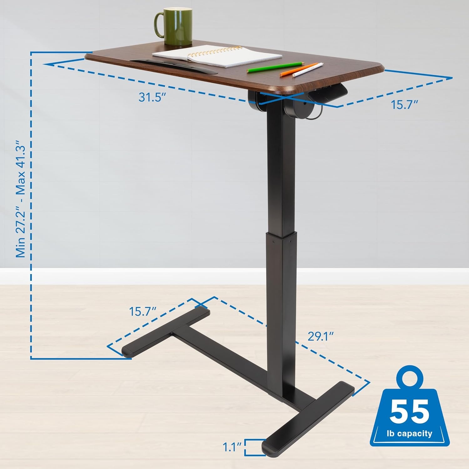 image:imageMountIt Rolling Bedside Table Overbed Tray Table on Wheels for Hospital or Home Meals in Bed Adjustable Height Tilting Swivel Standing Laptop Desk 31x15 with Wheels Walnut Color 27 to 41 High