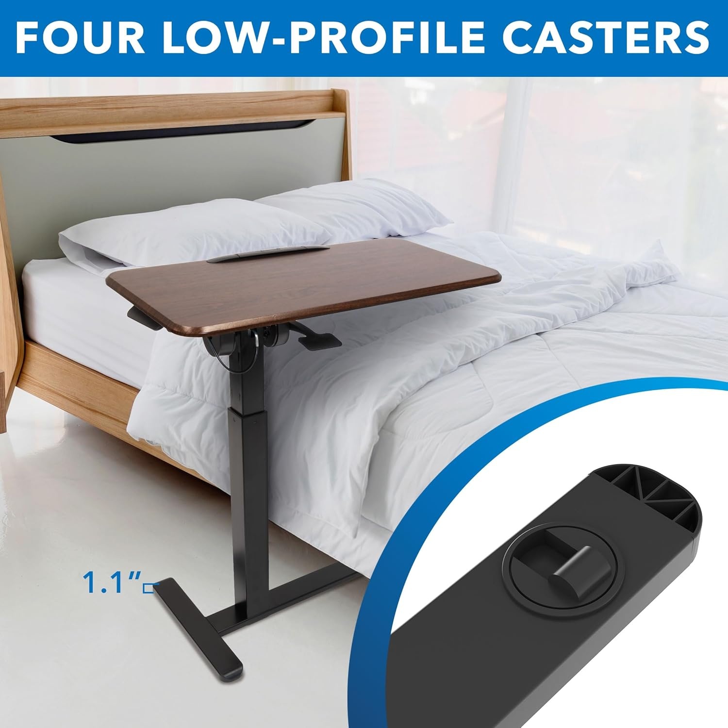image:imageMountIt Rolling Bedside Table Overbed Tray Table on Wheels for Hospital or Home Meals in Bed Adjustable Height Tilting Swivel Standing Laptop Desk 31x15 with Wheels Walnut Color 27 to 41 High
