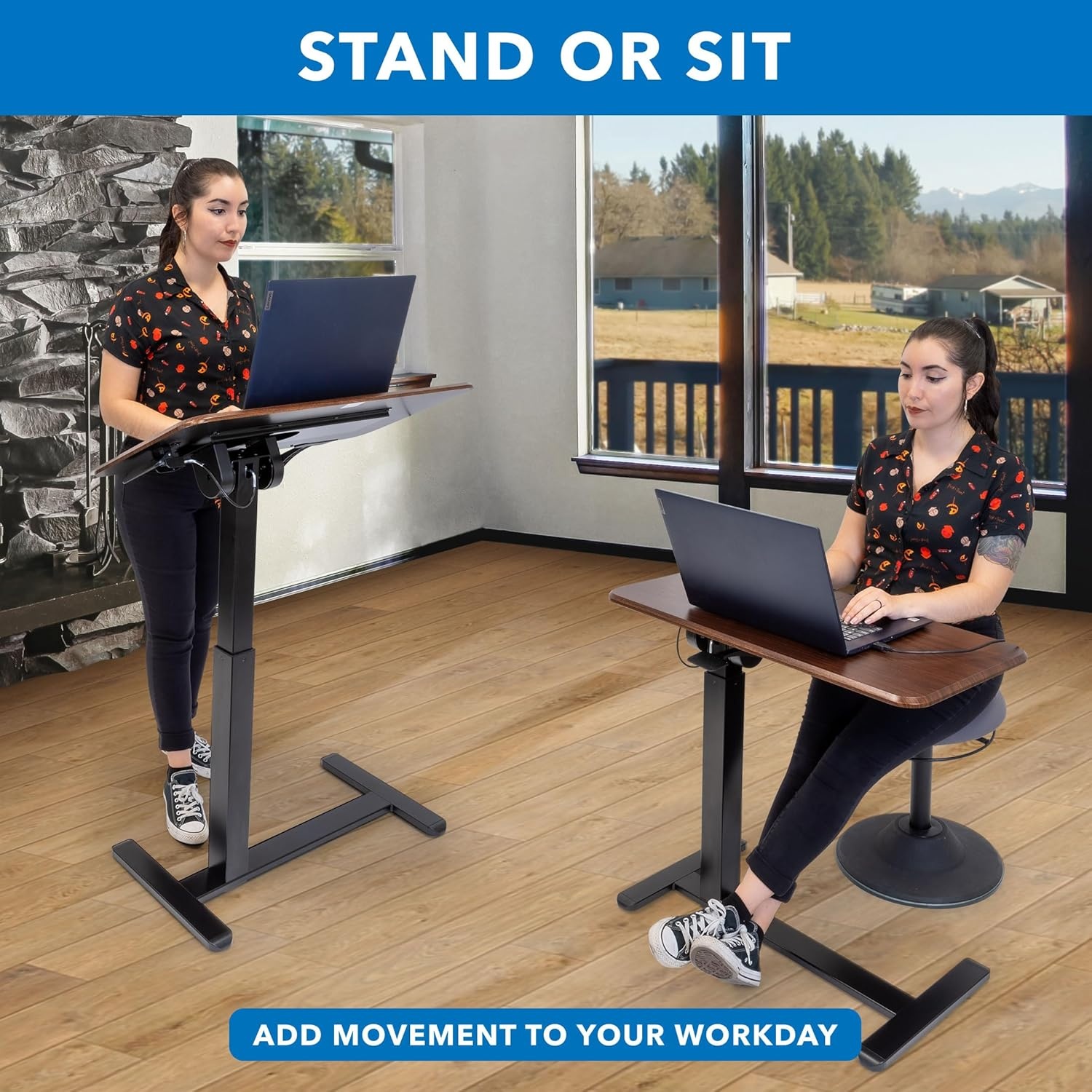 image:imageMountIt Rolling Bedside Table Overbed Tray Table on Wheels for Hospital or Home Meals in Bed Adjustable Height Tilting Swivel Standing Laptop Desk 31x15 with Wheels Walnut Color 27 to 41 High