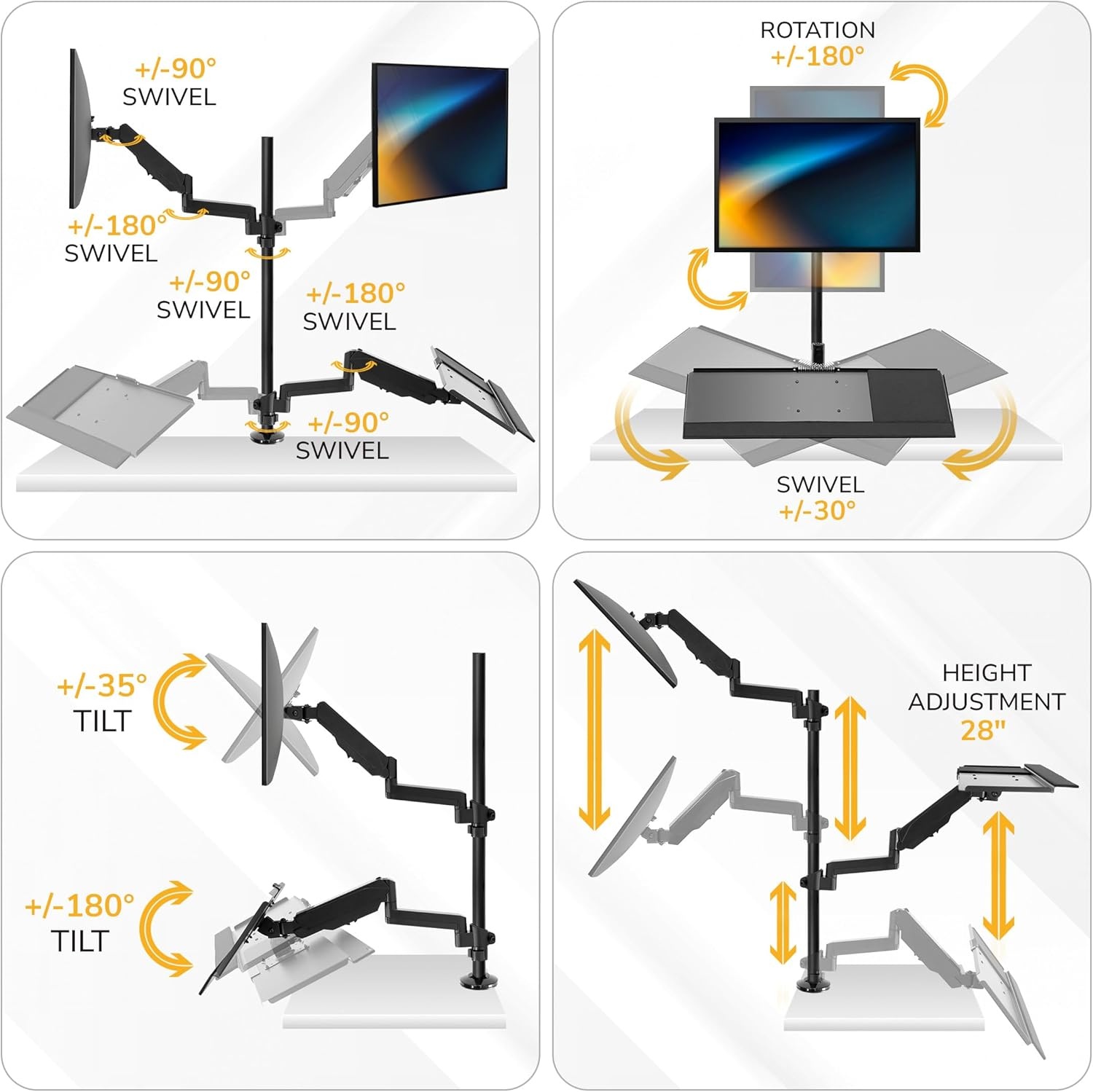 image:imageMountIt SitStand Monitor Arm Desk Mount with Keyboard Tray Single Monitor Fits Up to 32 Height Adjustable Gas Spring Full Motion Articulating Arm Clamp or Grommet Black