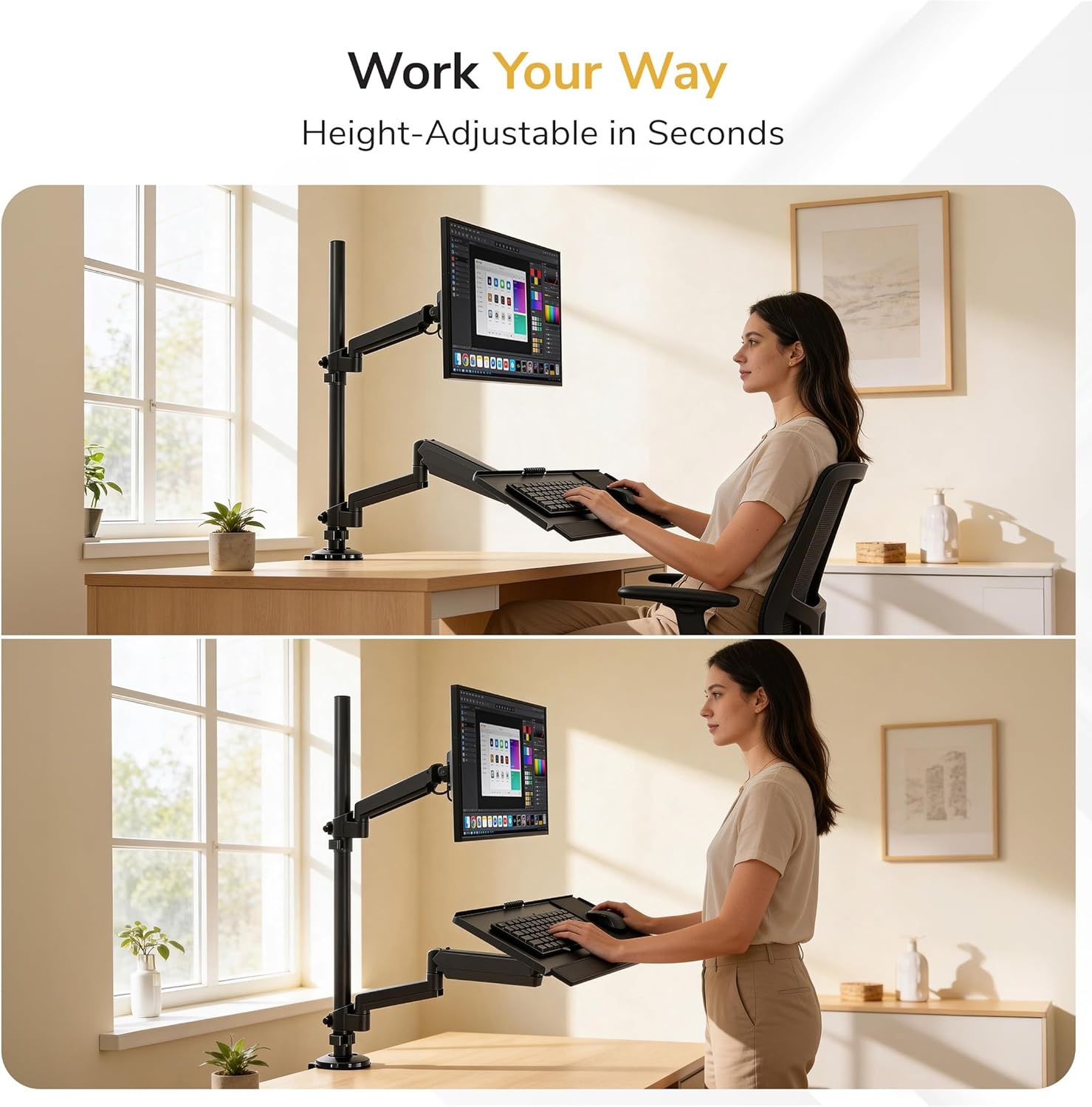 image:imageMountIt SitStand Monitor Arm Desk Mount with Keyboard Tray Single Monitor Fits Up to 32 Height Adjustable Gas Spring Full Motion Articulating Arm Clamp or Grommet Black