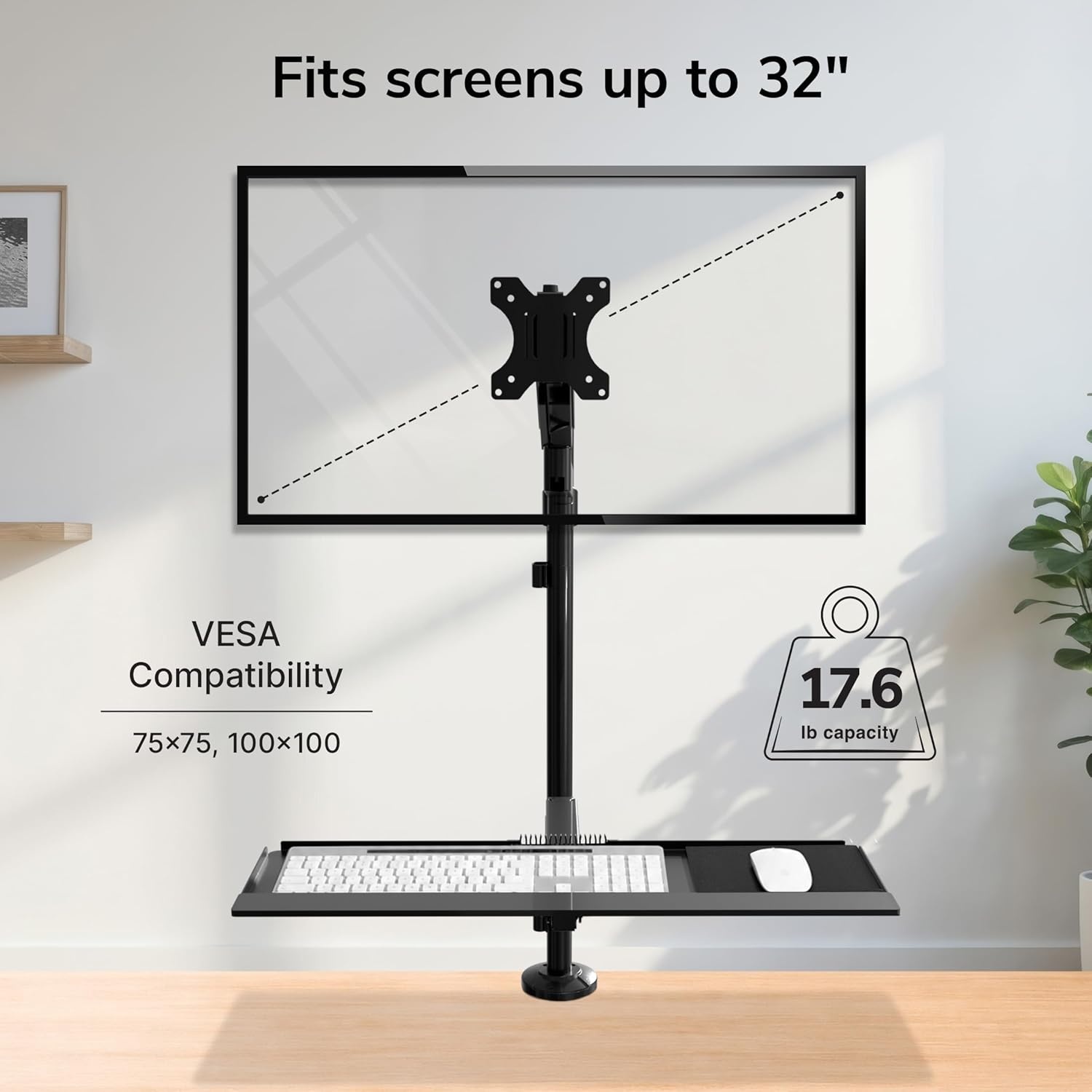 image:imageMountIt SitStand Monitor Arm Desk Mount with Keyboard Tray Single Monitor Fits Up to 32 Height Adjustable Gas Spring Full Motion Articulating Arm Clamp or Grommet Black