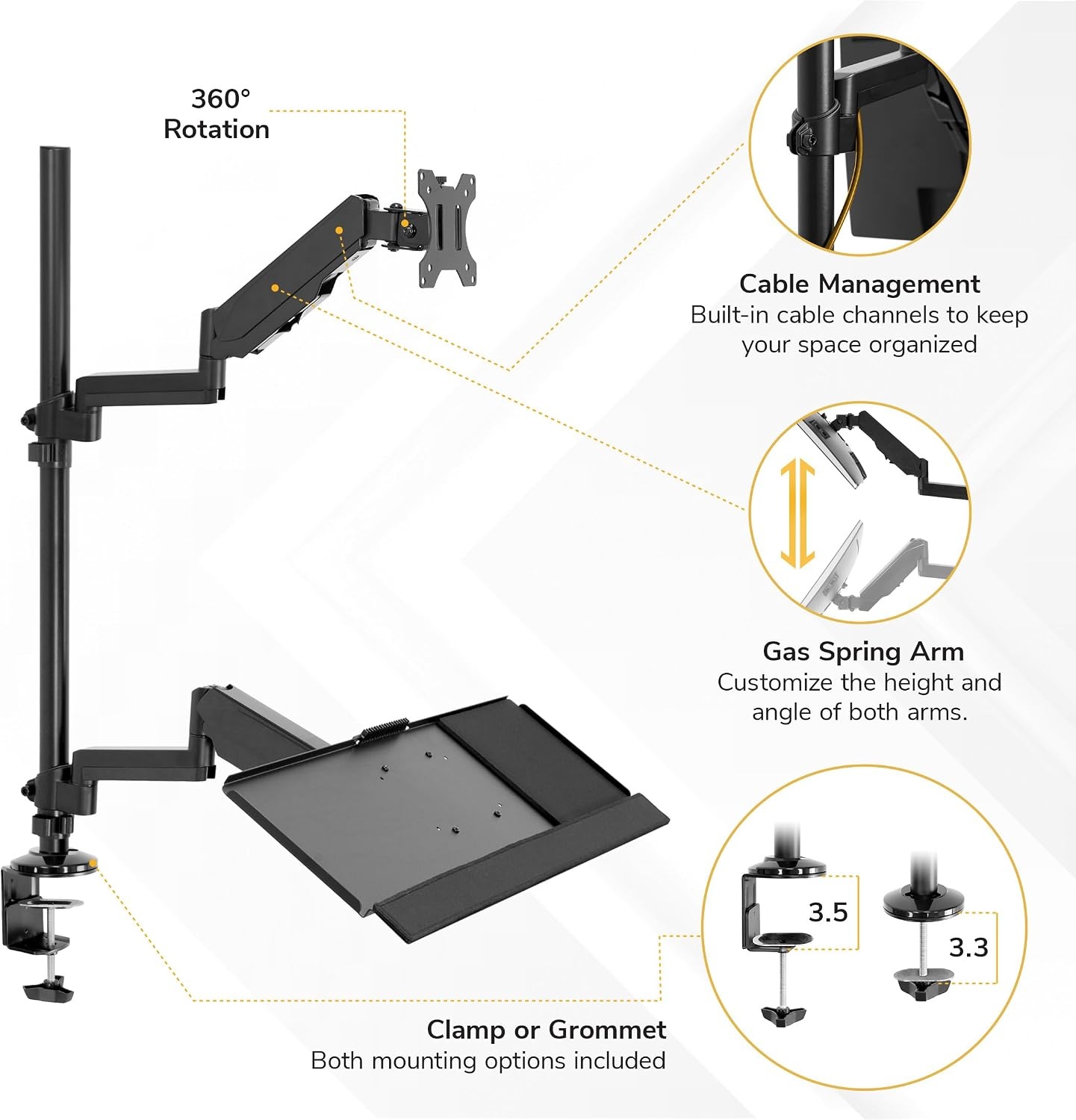 image:imageMountIt SitStand Monitor Arm Desk Mount with Keyboard Tray Single Monitor Fits Up to 32 Height Adjustable Gas Spring Full Motion Articulating Arm Clamp or Grommet Black