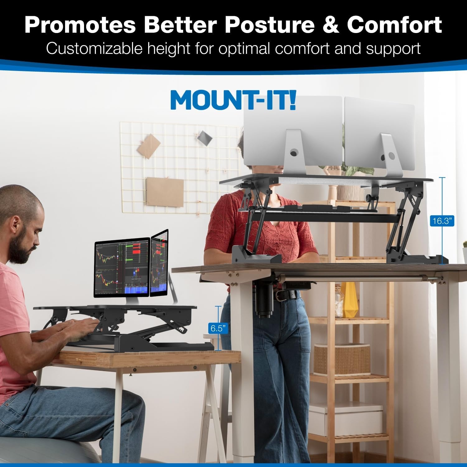 image:imageMountIt Standing Desk Converter Height Adjustable Stand Up Desk with Gas Spring Riser Wide 36 Inch Sit Stand Workstation Fits Dual Monitors Black MI7926