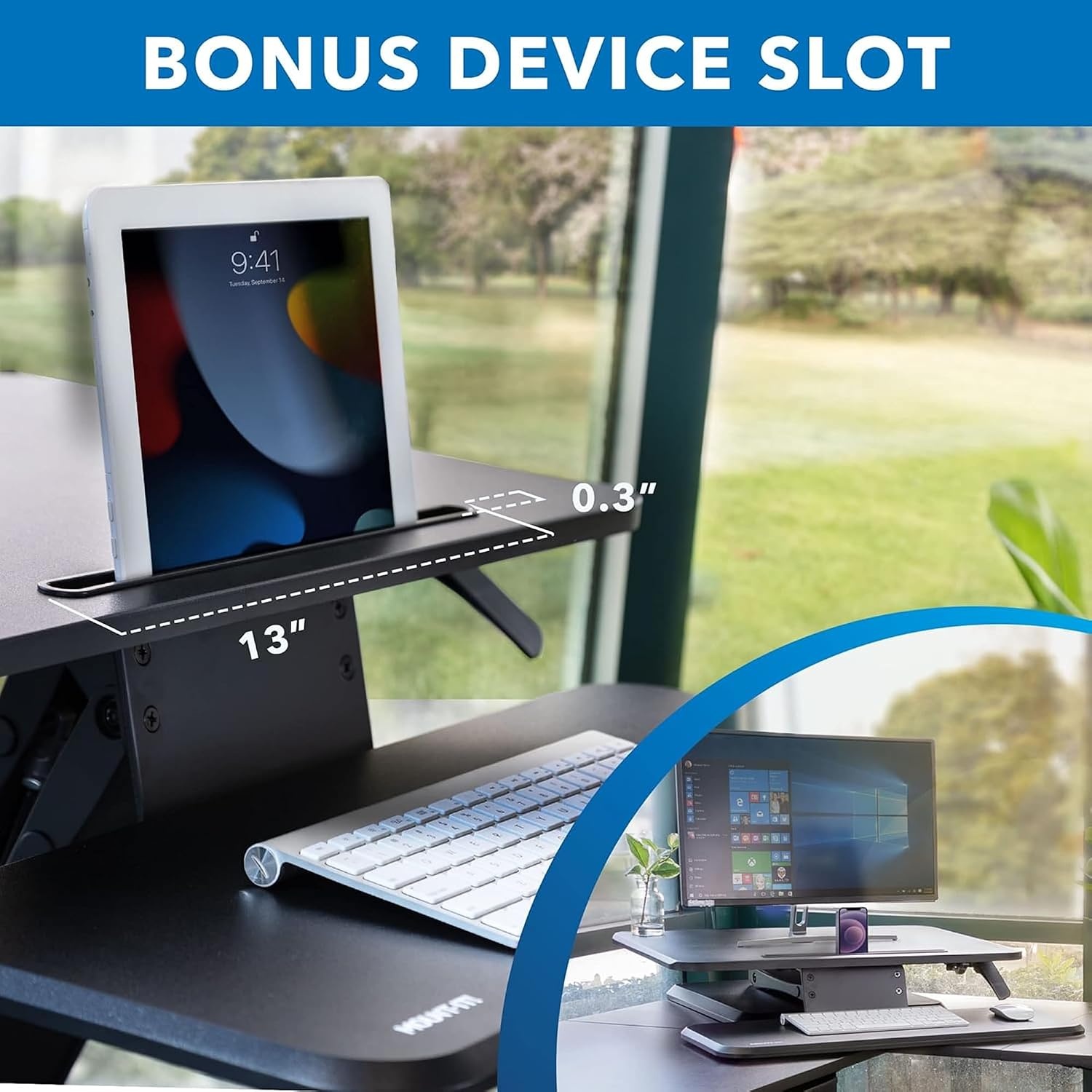 image:imageMountIt Standing Desk Converter Height Adjustable Stand Up Riser with Manual Lift 365 x 22 Desktop Stand up Convertor in Black Fits Dual Monitors Laptop and Keyboard Mouse Tray25 Width