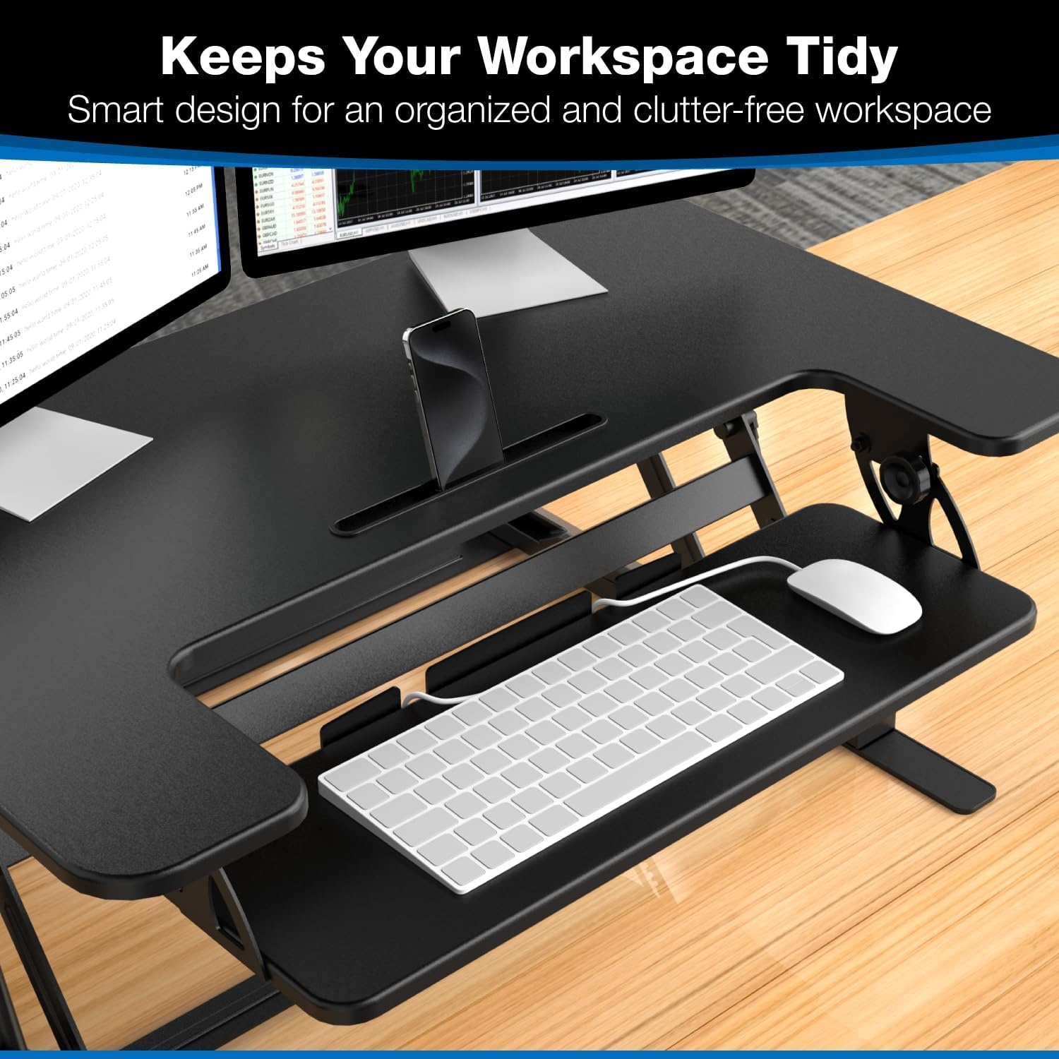 image:imageMountIt Standing Desk Converter Height Adjustable Stand Up Riser with Manual Lift 365 x 22 Desktop Stand up Convertor in Black Fits Dual Monitors Laptop and Keyboard Mouse Tray36 Width