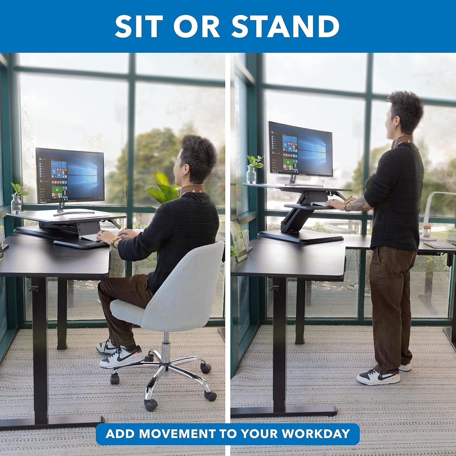 image:imageMountIt Standing Desk Converter Height Adjustable Stand Up Riser with Manual Lift 365 x 22 Desktop Stand up Convertor in Black Fits Dual Monitors Laptop and Keyboard Mouse Tray25 Width