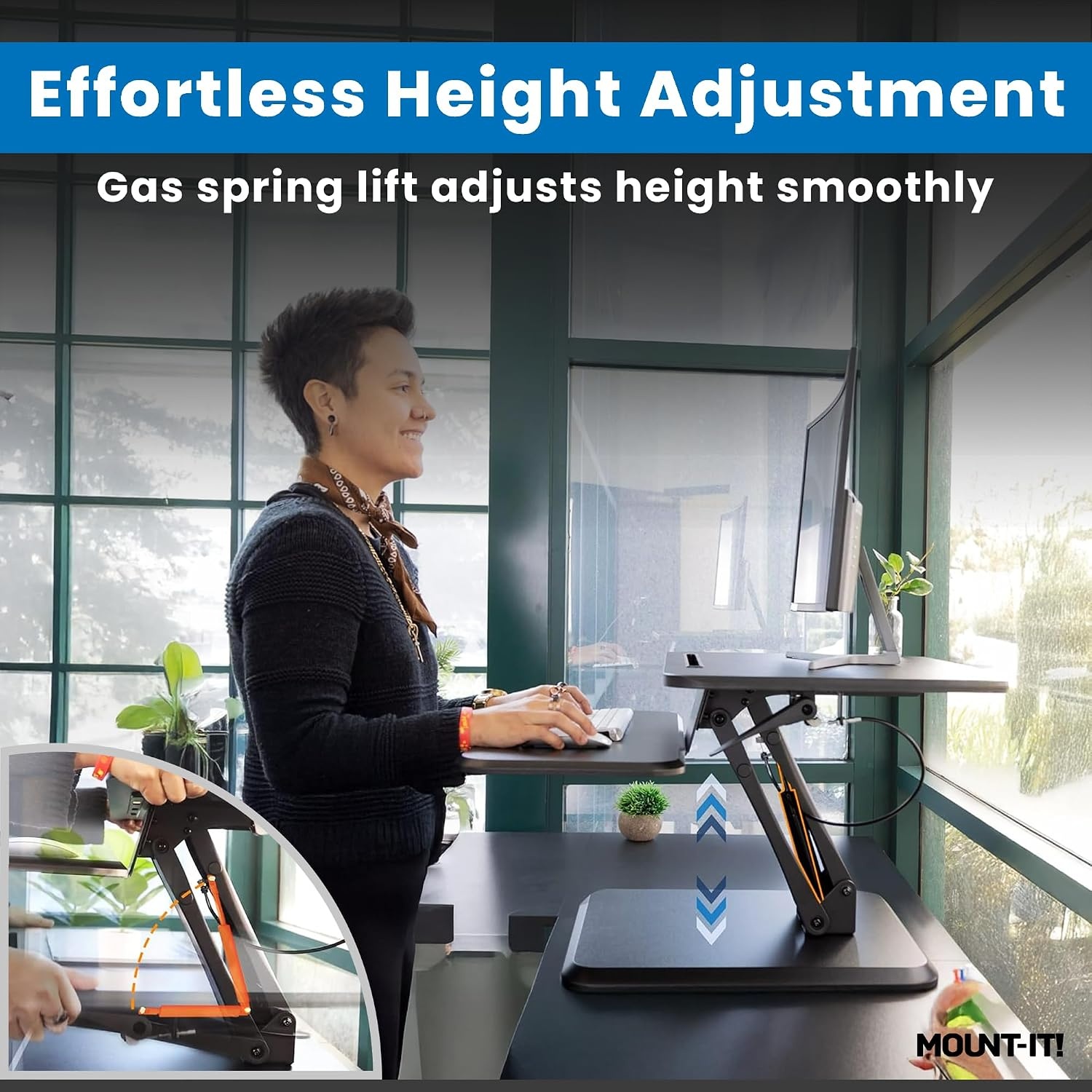 image:imageMountIt Standing Desk Converter Height Adjustable Stand Up Riser with Manual Lift 365 x 22 Desktop Stand up Convertor in Black Fits Dual Monitors Laptop and Keyboard Mouse Tray25 Width