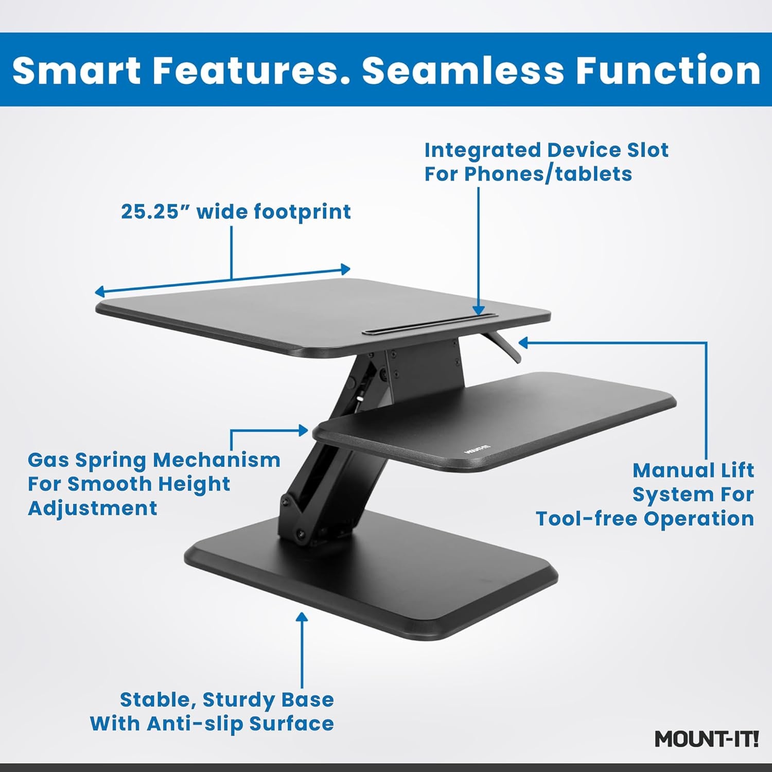 image:imageMountIt Standing Desk Converter Height Adjustable Stand Up Riser with Manual Lift 365 x 22 Desktop Stand up Convertor in Black Fits Dual Monitors Laptop and Keyboard Mouse Tray25 Width