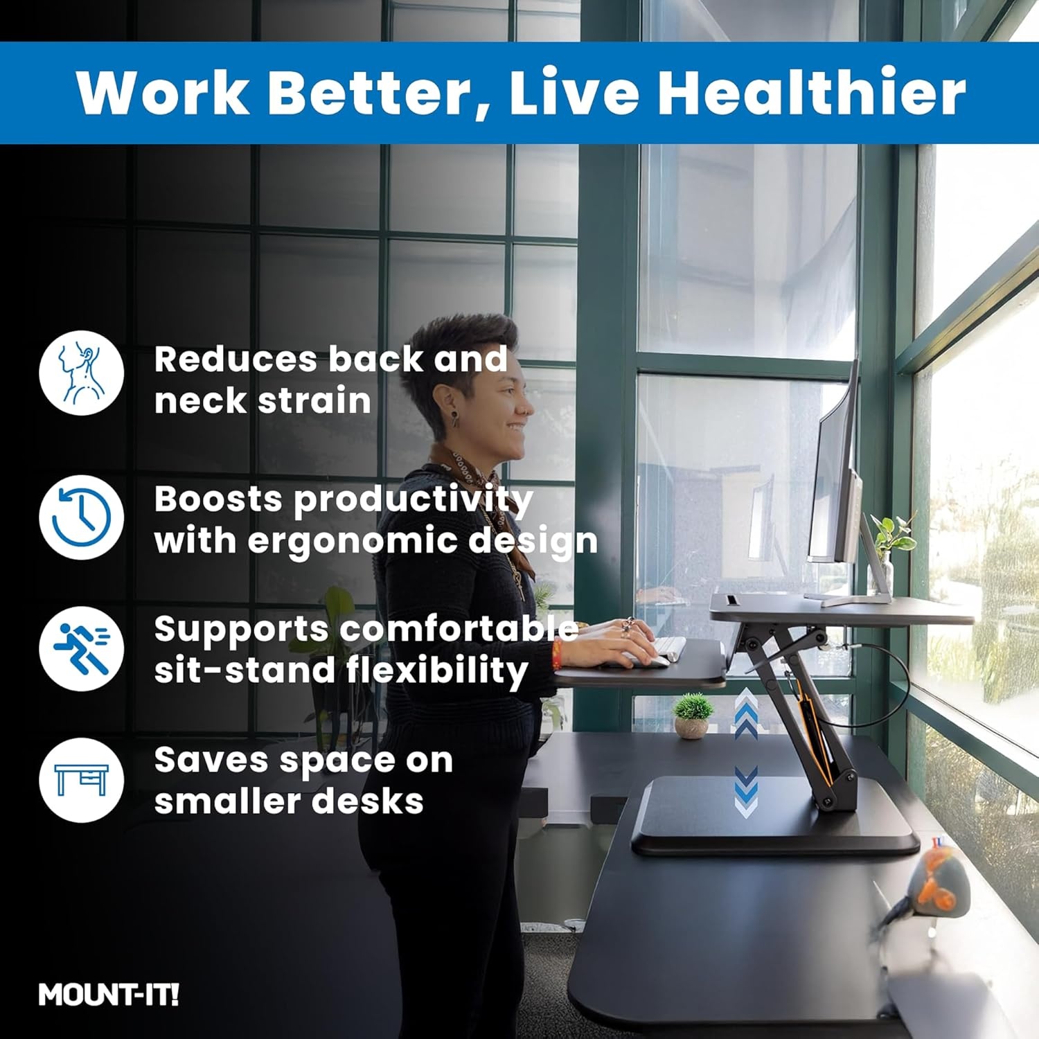 image:imageMountIt Standing Desk Converter Height Adjustable Stand Up Riser with Manual Lift 365 x 22 Desktop Stand up Convertor in Black Fits Dual Monitors Laptop and Keyboard Mouse Tray25 Width