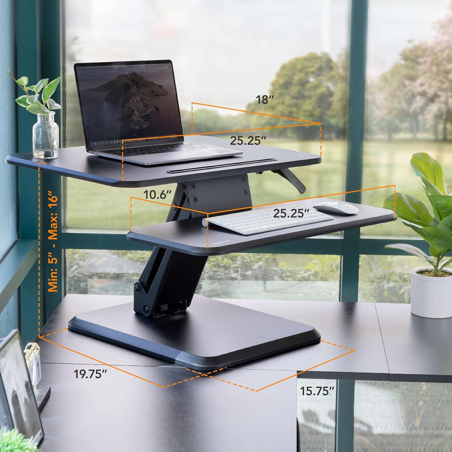 image:imageMountIt Standing Desk Converter Height Adjustable Stand Up Riser with Manual Lift 365 x 22 Desktop Stand up Convertor in Black Fits Dual Monitors Laptop and Keyboard Mouse Tray25 Width
