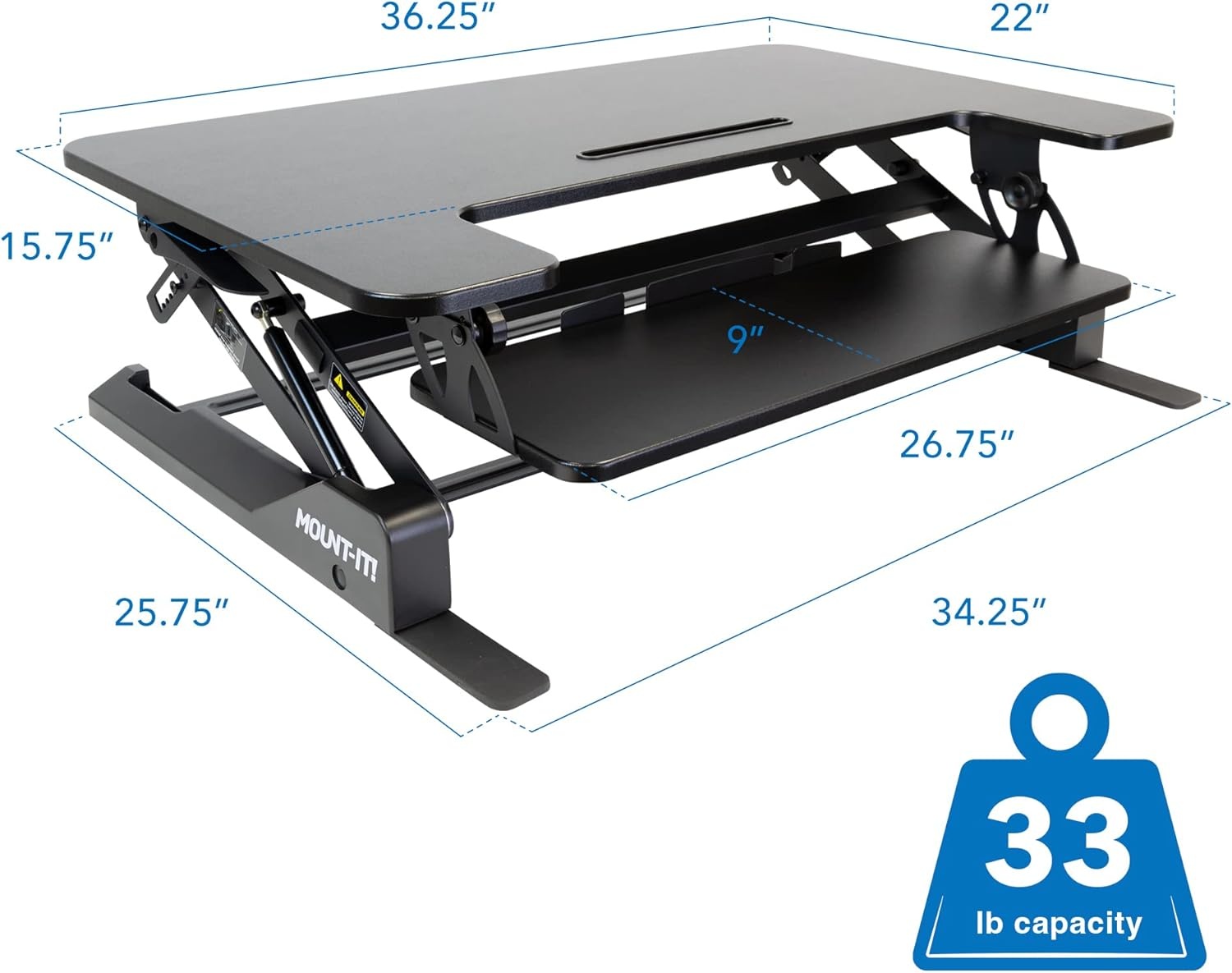 image:imageMountIt Standing Desk Converter Height Adjustable Stand Up Riser with Manual Lift 365 x 22 Desktop Stand up Convertor in Black Fits Dual Monitors Laptop and Keyboard Mouse Tray36 Width