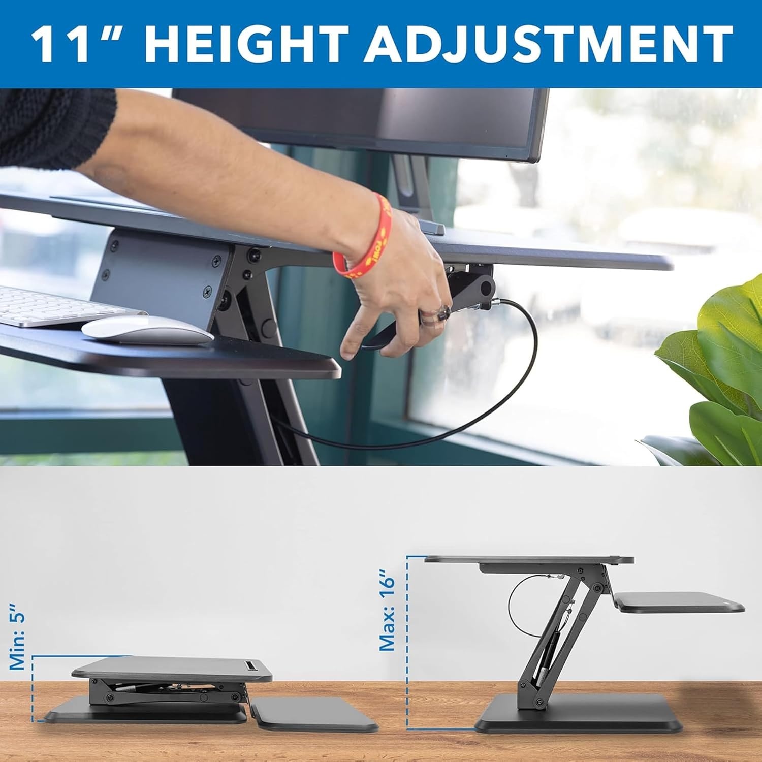 image:imageMountIt Standing Desk Converter Height Adjustable Stand Up Riser with Manual Lift 365 x 22 Desktop Stand up Convertor in Black Fits Dual Monitors Laptop and Keyboard Mouse Tray25 Width