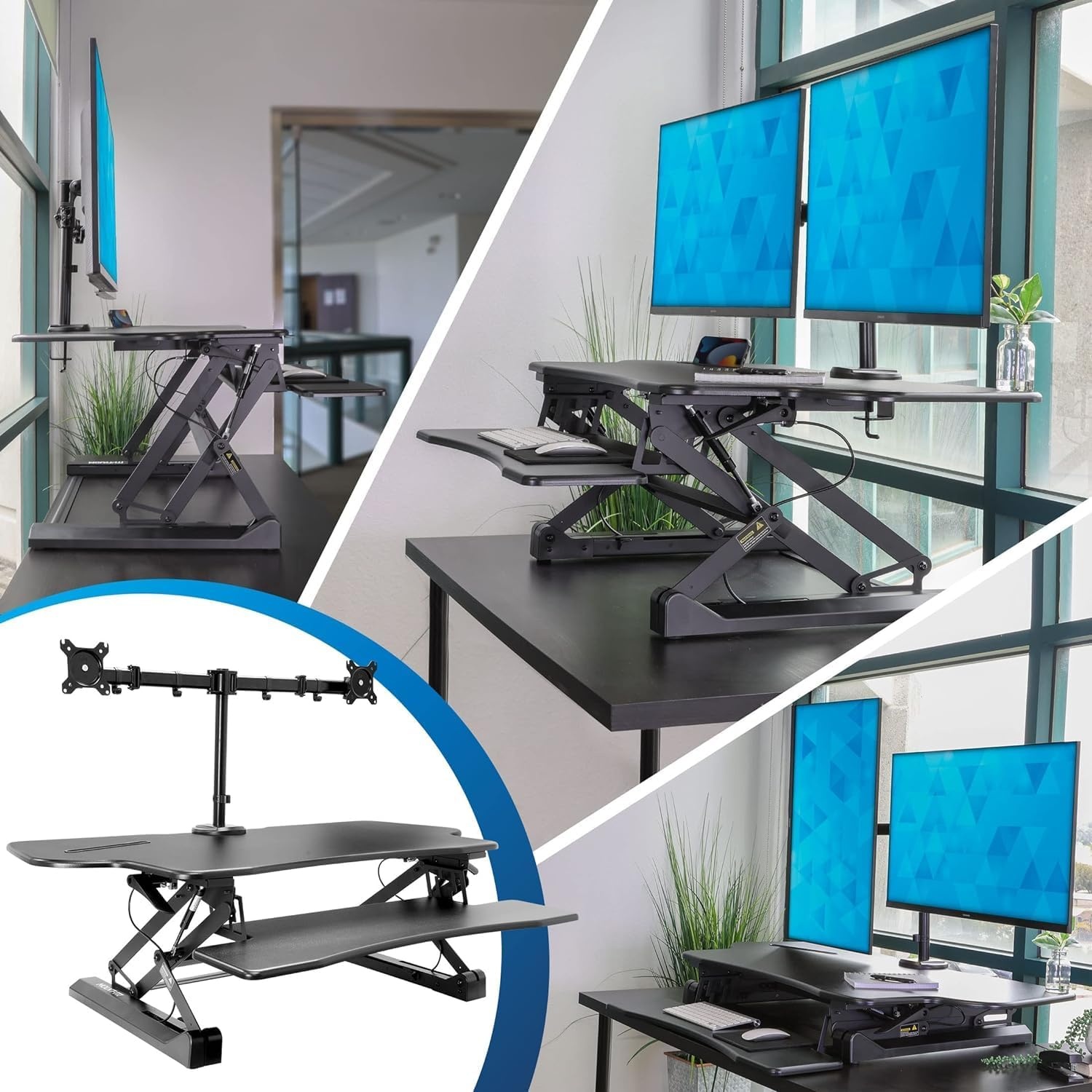 image:imageMountIt Standing Desk Converter Height Adjustable 47 Extra Large Wide Stand Up Desk Riser Dual Monitor Arm Mounts Stand Up Desk Convertor with Keyboard Tray Fits Two Monitors up to 32