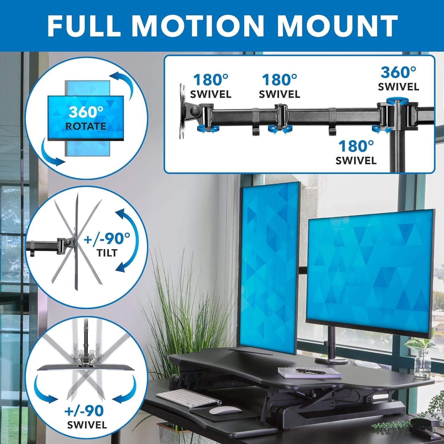 image:imageMountIt Standing Desk Converter Height Adjustable 47 Extra Large Wide Stand Up Desk Riser Dual Monitor Arm Mounts Stand Up Desk Convertor with Keyboard Tray Fits Two Monitors up to 32