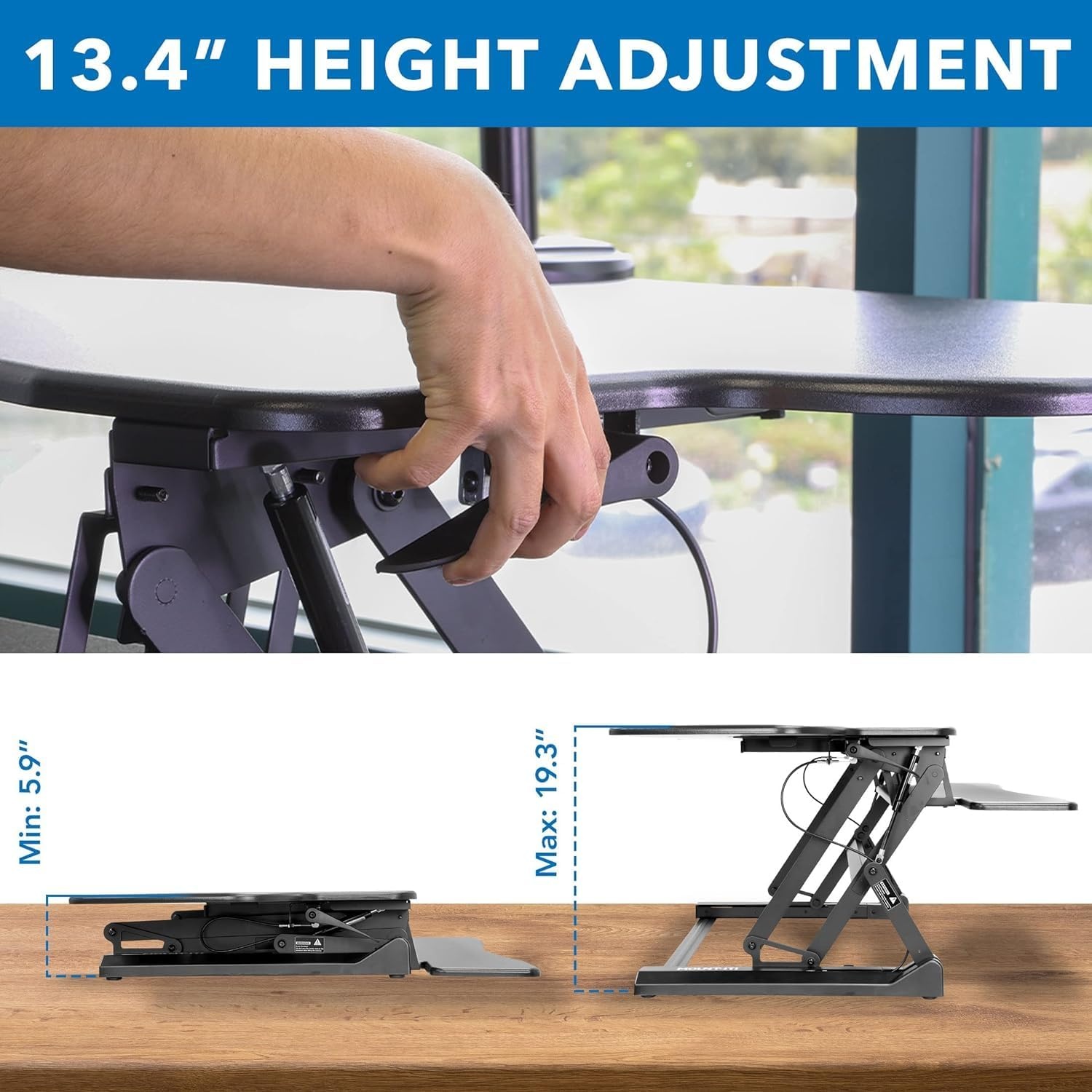 image:imageMountIt Standing Desk Converter Height Adjustable 47 Extra Large Wide Stand Up Desk Riser Dual Monitor Arm Mounts Stand Up Desk Convertor with Keyboard Tray Fits Two Monitors up to 32