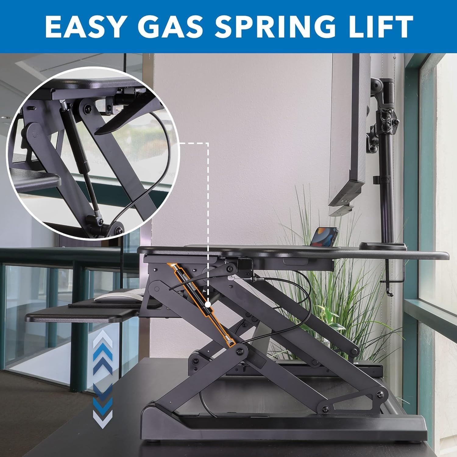 image:imageMountIt Standing Desk Converter Height Adjustable 47 Extra Large Wide Stand Up Desk Riser Dual Monitor Arm Mounts Stand Up Desk Convertor with Keyboard Tray Fits Two Monitors up to 32