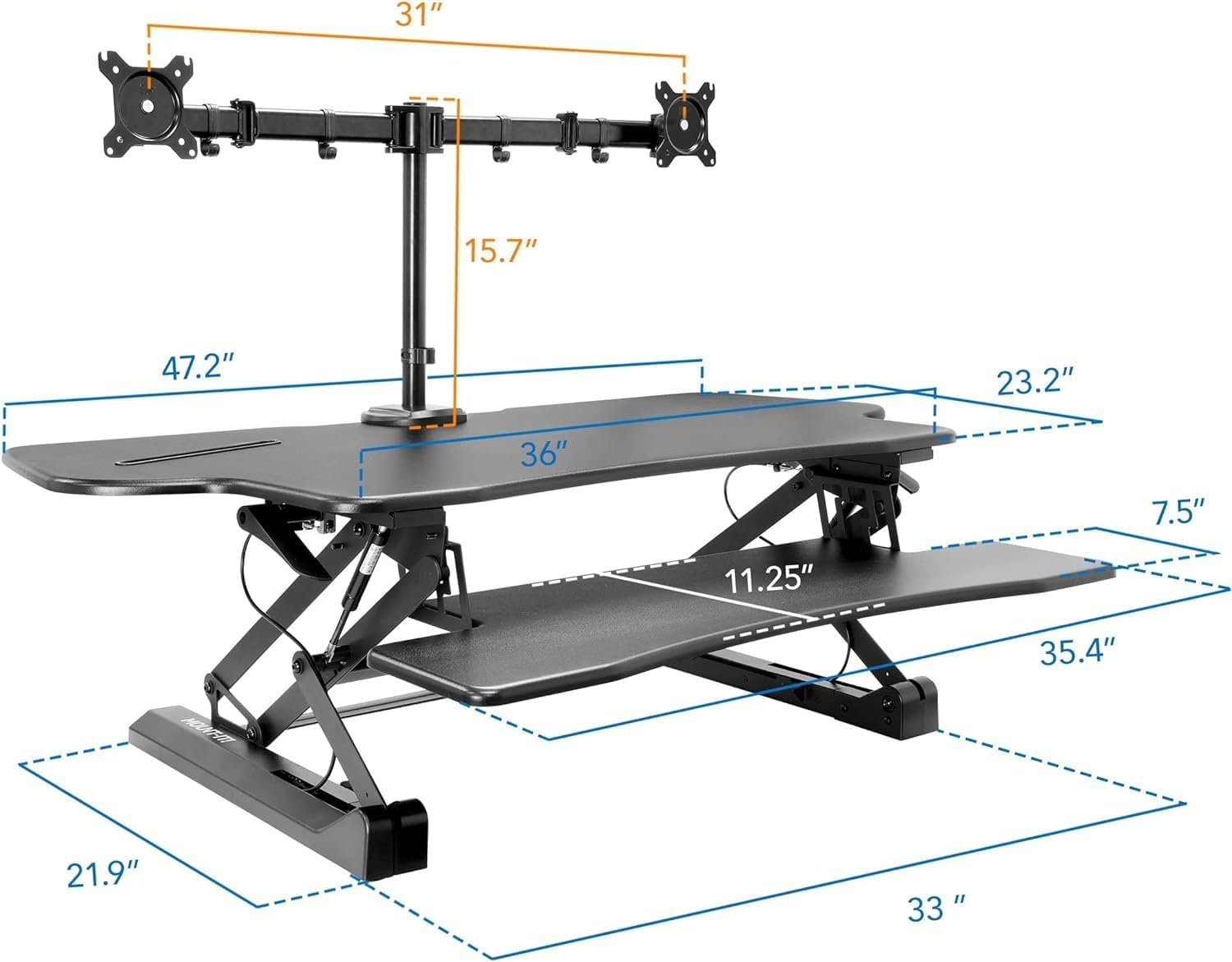 image:imageMountIt Standing Desk Converter Height Adjustable 47 Extra Large Wide Stand Up Desk Riser Dual Monitor Arm Mounts Stand Up Desk Convertor with Keyboard Tray Fits Two Monitors up to 32