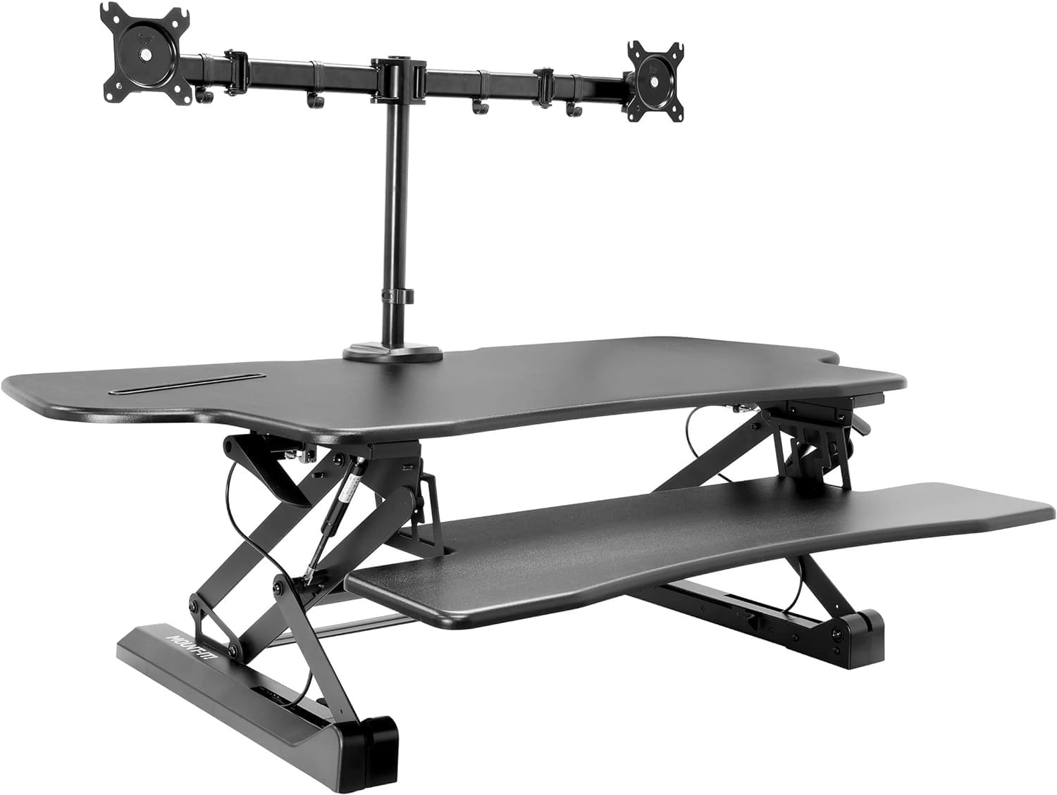 image:imageMountIt Standing Desk Converter Height Adjustable 47 Extra Large Wide Stand Up Desk Riser Dual Monitor Arm Mounts Stand Up Desk Convertor with Keyboard Tray Fits Two Monitors up to 32