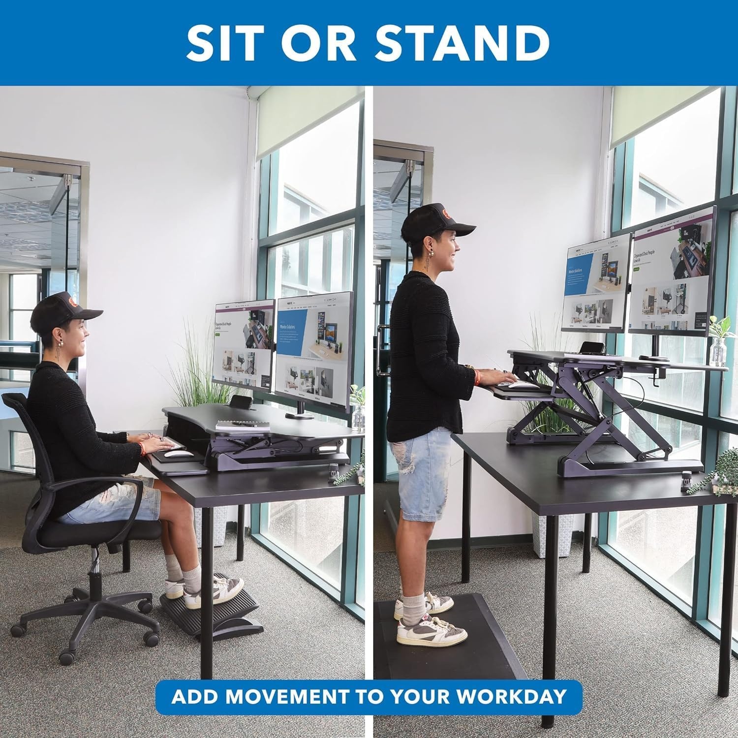 image:imageMountIt Standing Desk Converter Height Adjustable 47 Extra Large Wide Stand Up Desk Riser Dual Monitor Arm Mounts Stand Up Desk Convertor with Keyboard Tray Fits Two Monitors up to 32