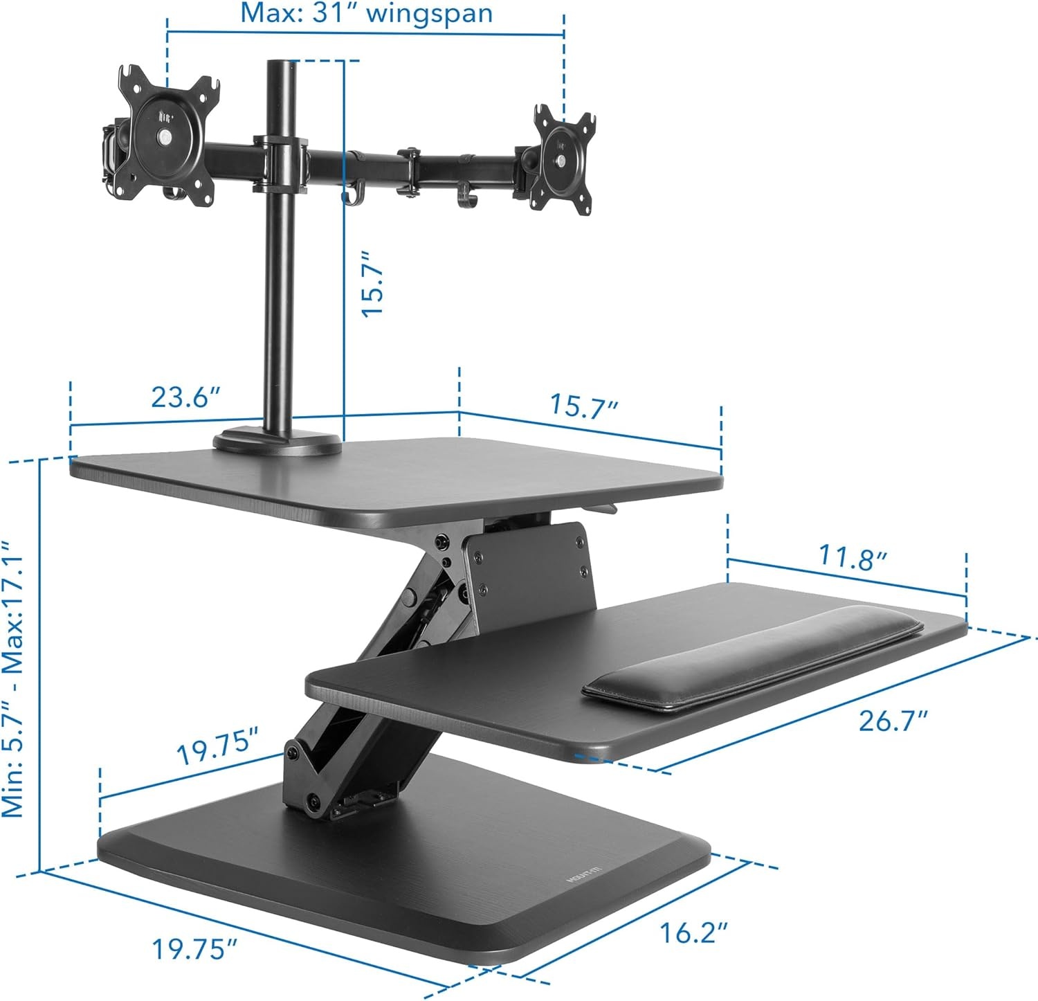 image:imageMountIt Standing Desk Converter Stand Up Desk Riser with Dual Monitor Mount Adjustable Workstation in Black Top Platform 23 Wide Keyboard Mouse Tray 27 Wide Raises 5 to 17 Tall