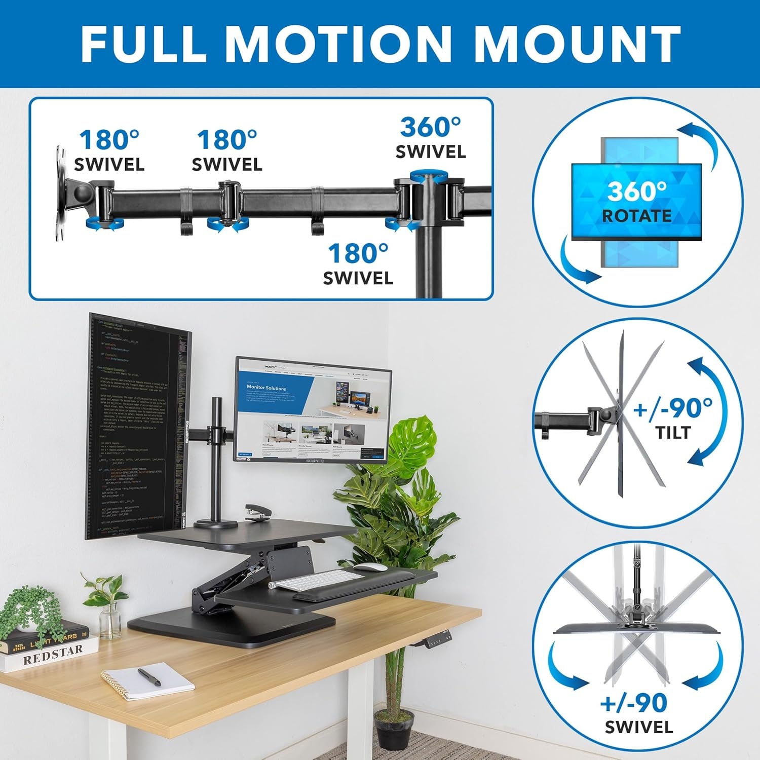 image:imageMountIt Standing Desk Converter Stand Up Desk Riser with Dual Monitor Mount Adjustable Workstation in Black Top Platform 23 Wide Keyboard Mouse Tray 27 Wide Raises 5 to 17 Tall