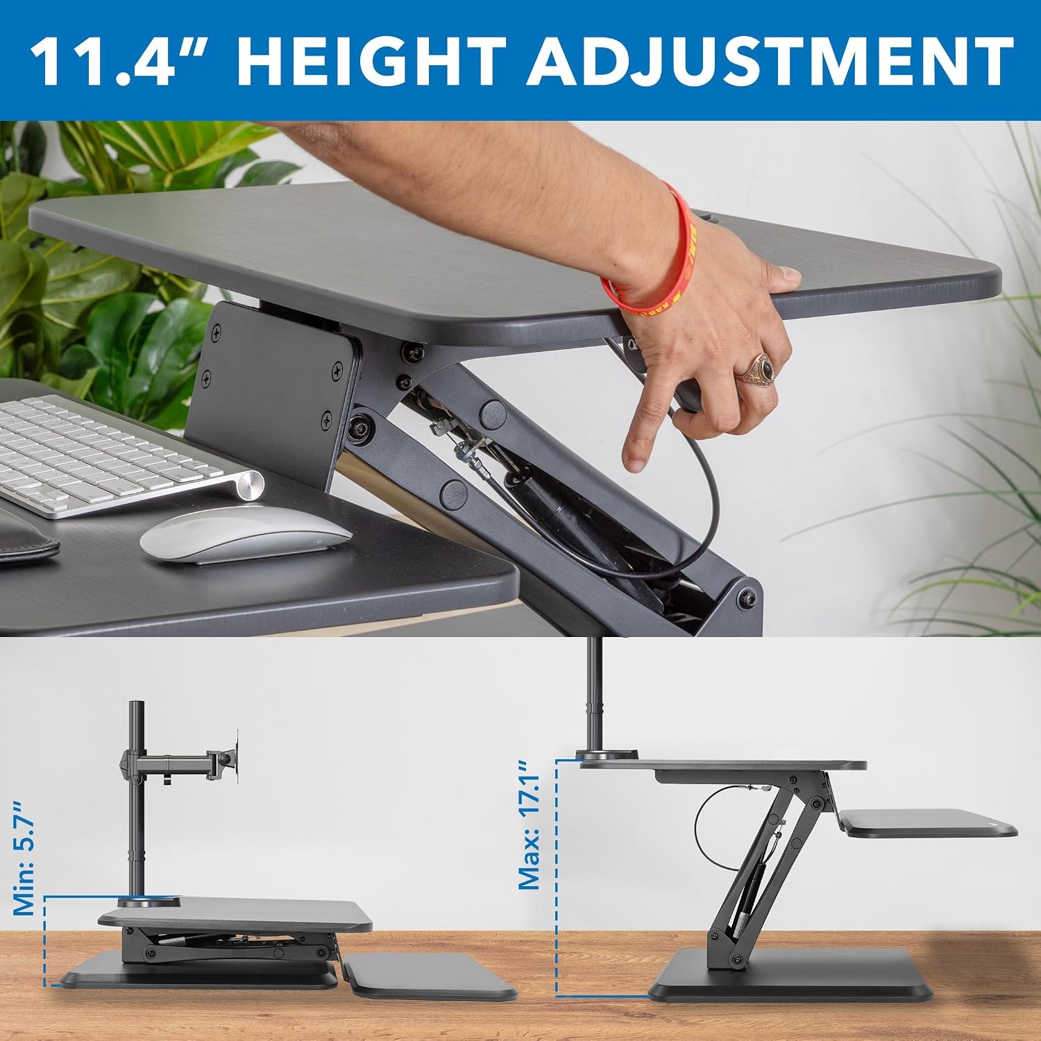 image:imageMountIt Standing Desk Converter Stand Up Desk Riser with Dual Monitor Mount Adjustable Workstation in Black Top Platform 23 Wide Keyboard Mouse Tray 27 Wide Raises 5 to 17 Tall