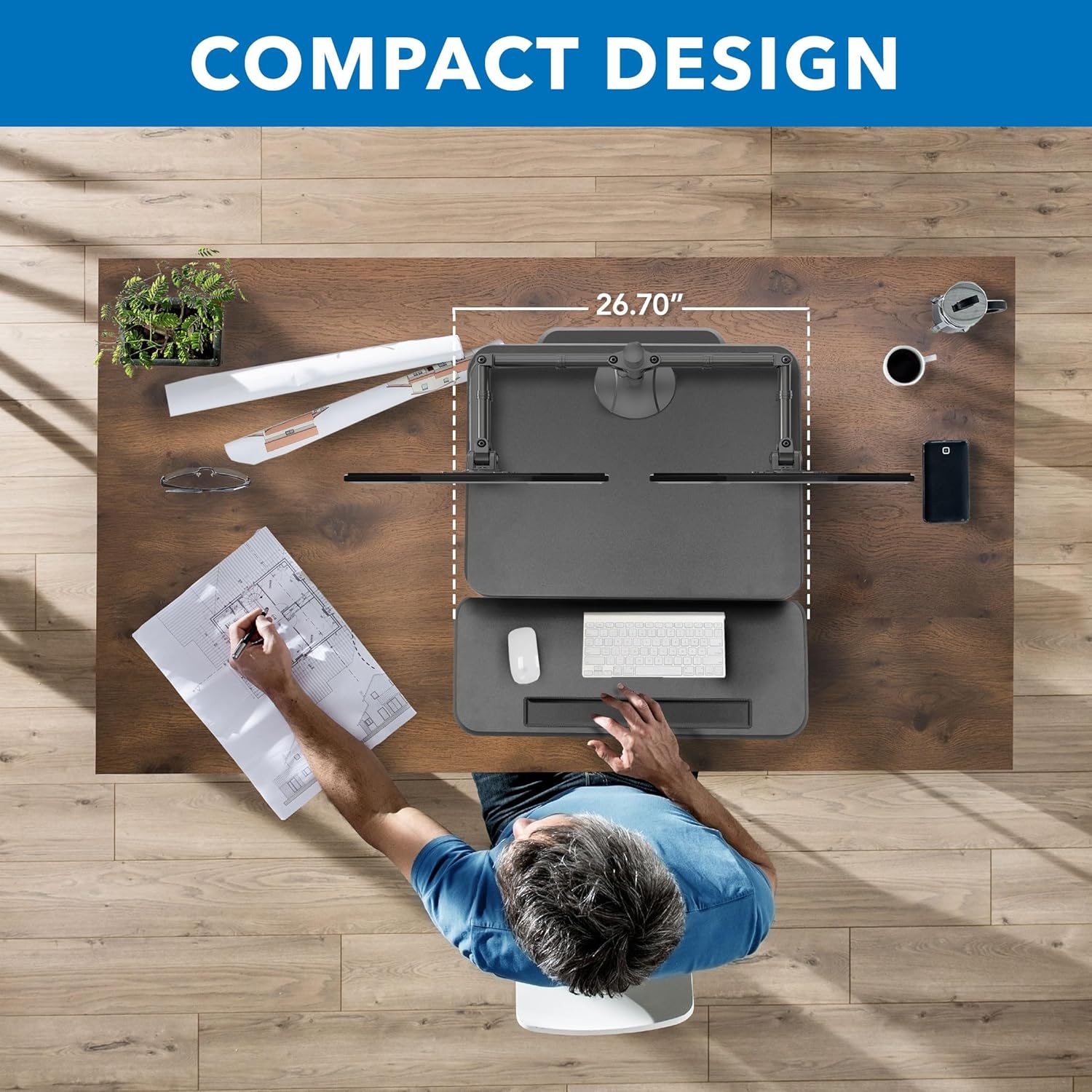 image:imageMountIt Standing Desk Converter Stand Up Desk Riser with Dual Monitor Mount Adjustable Workstation in Black Top Platform 23 Wide Keyboard Mouse Tray 27 Wide Raises 5 to 17 Tall