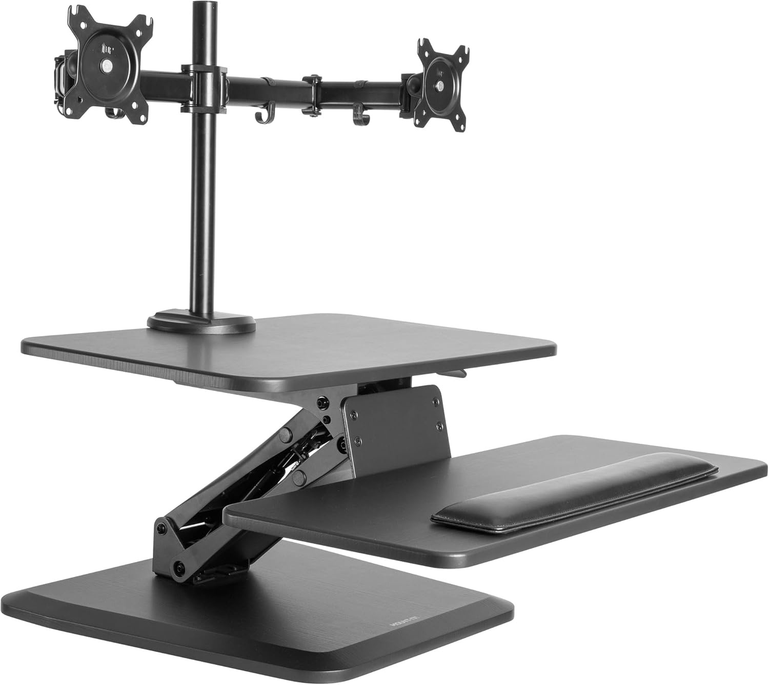 image:imageMountIt Standing Desk Converter Stand Up Desk Riser with Dual Monitor Mount Adjustable Workstation in Black Top Platform 23 Wide Keyboard Mouse Tray 27 Wide Raises 5 to 17 Tall