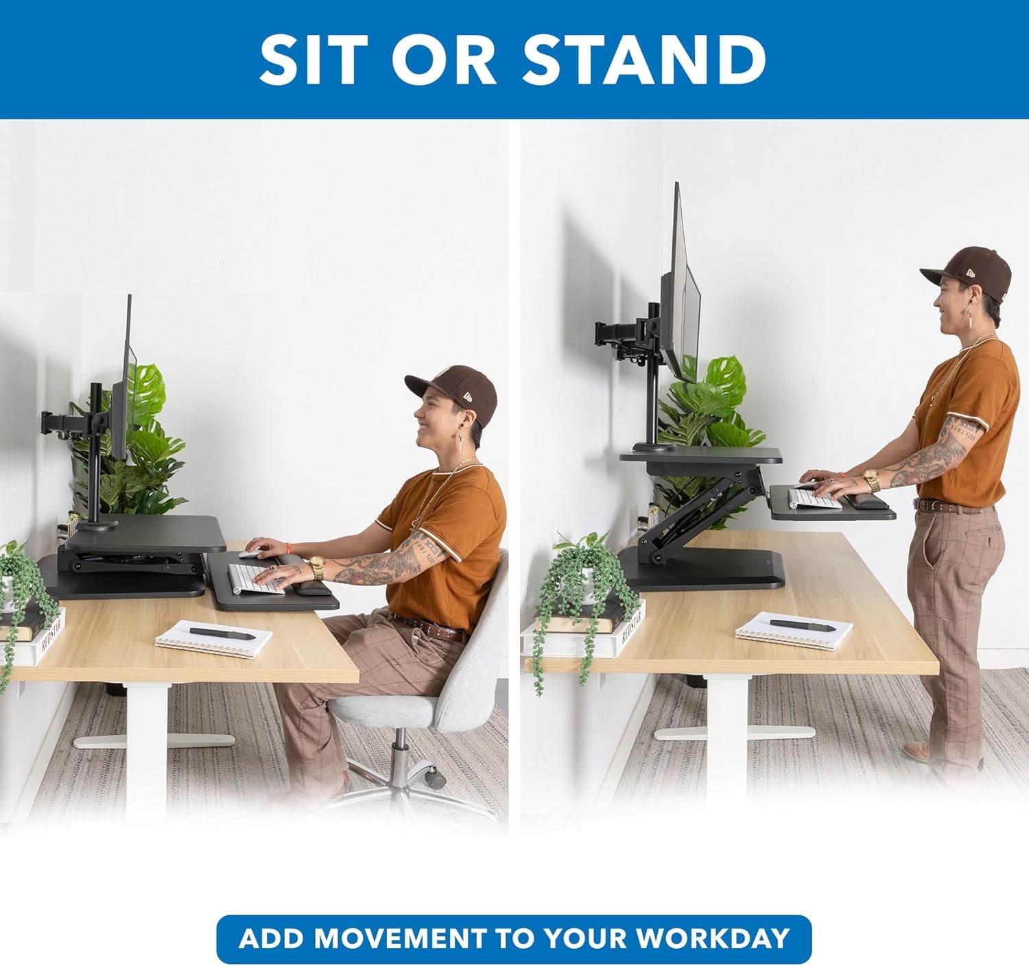 image:imageMountIt Standing Desk Converter Stand Up Desk Riser with Dual Monitor Mount Adjustable Workstation in Black Top Platform 23 Wide Keyboard Mouse Tray 27 Wide Raises 5 to 17 Tall